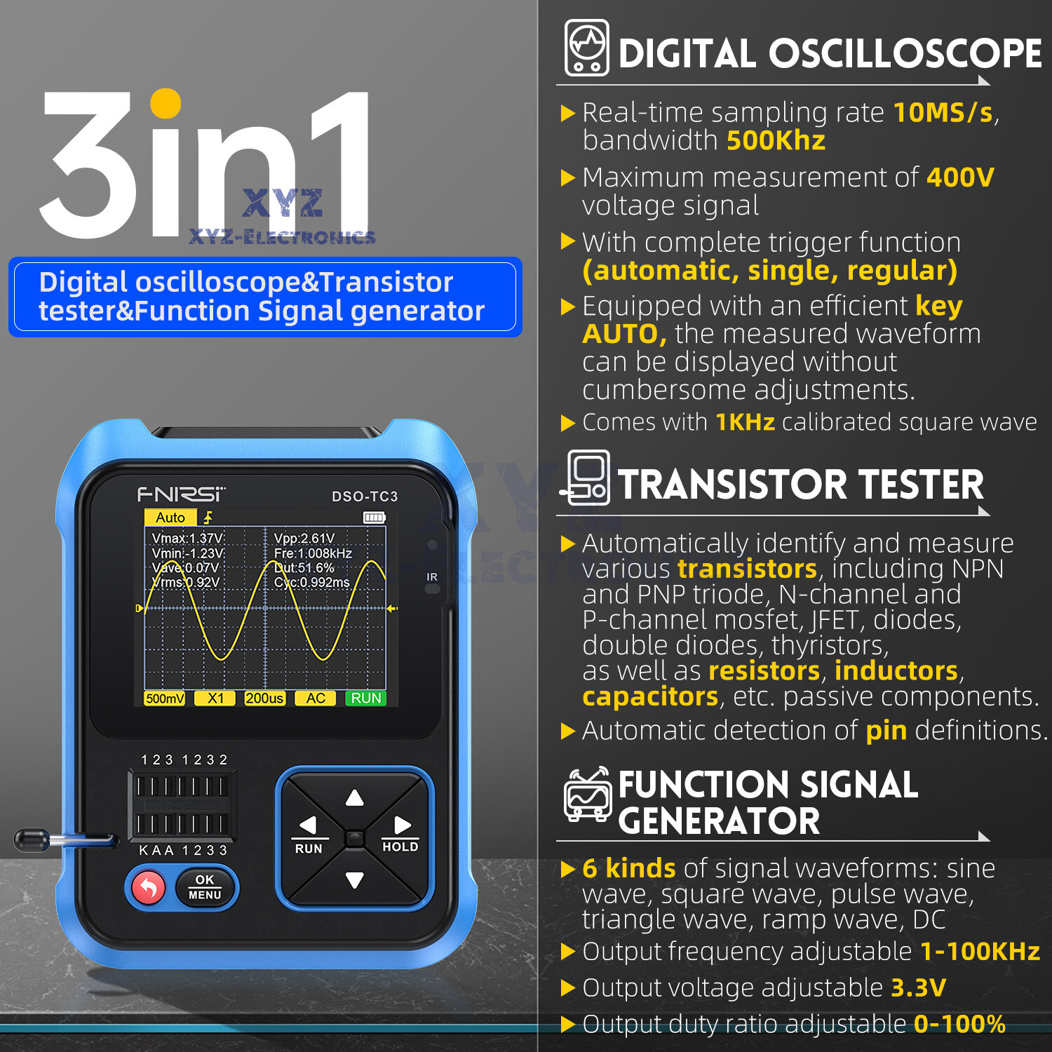 3 in 1 FNIRSI DSO-TC3 Digital Oscilloscope Transistor Tester Signal Generator