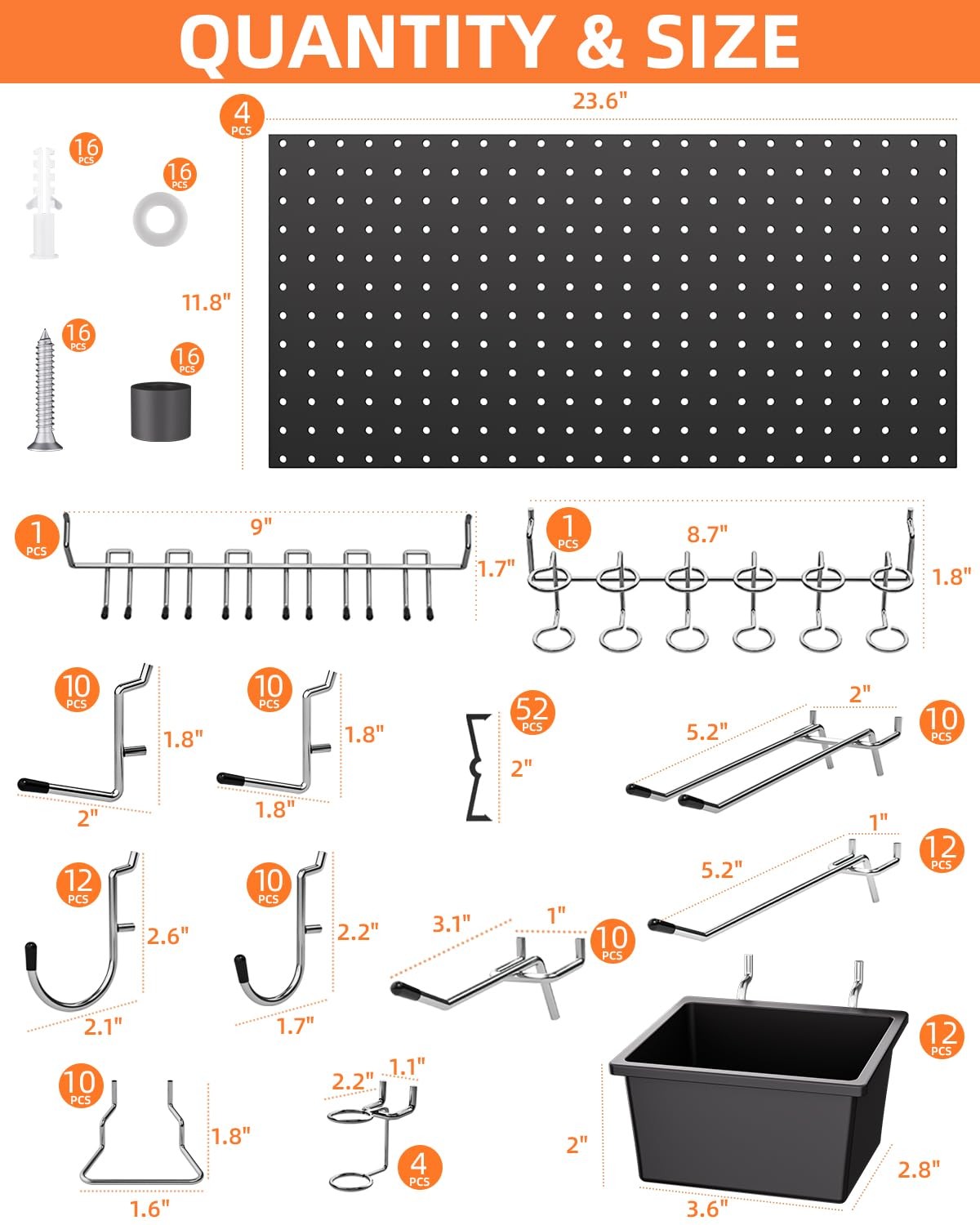 INCLY 158PCS Metal Pegboard Wall Organizer, 48×24 Inch Inch, Black