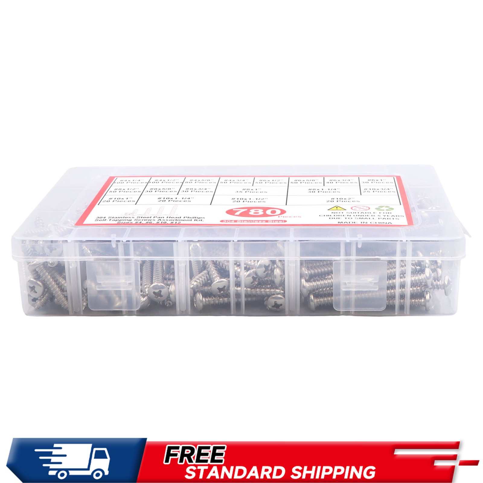 (304) Stainless Flat Self-Tapping Screws 780pcs #4#6#8#10 Assortment Kit