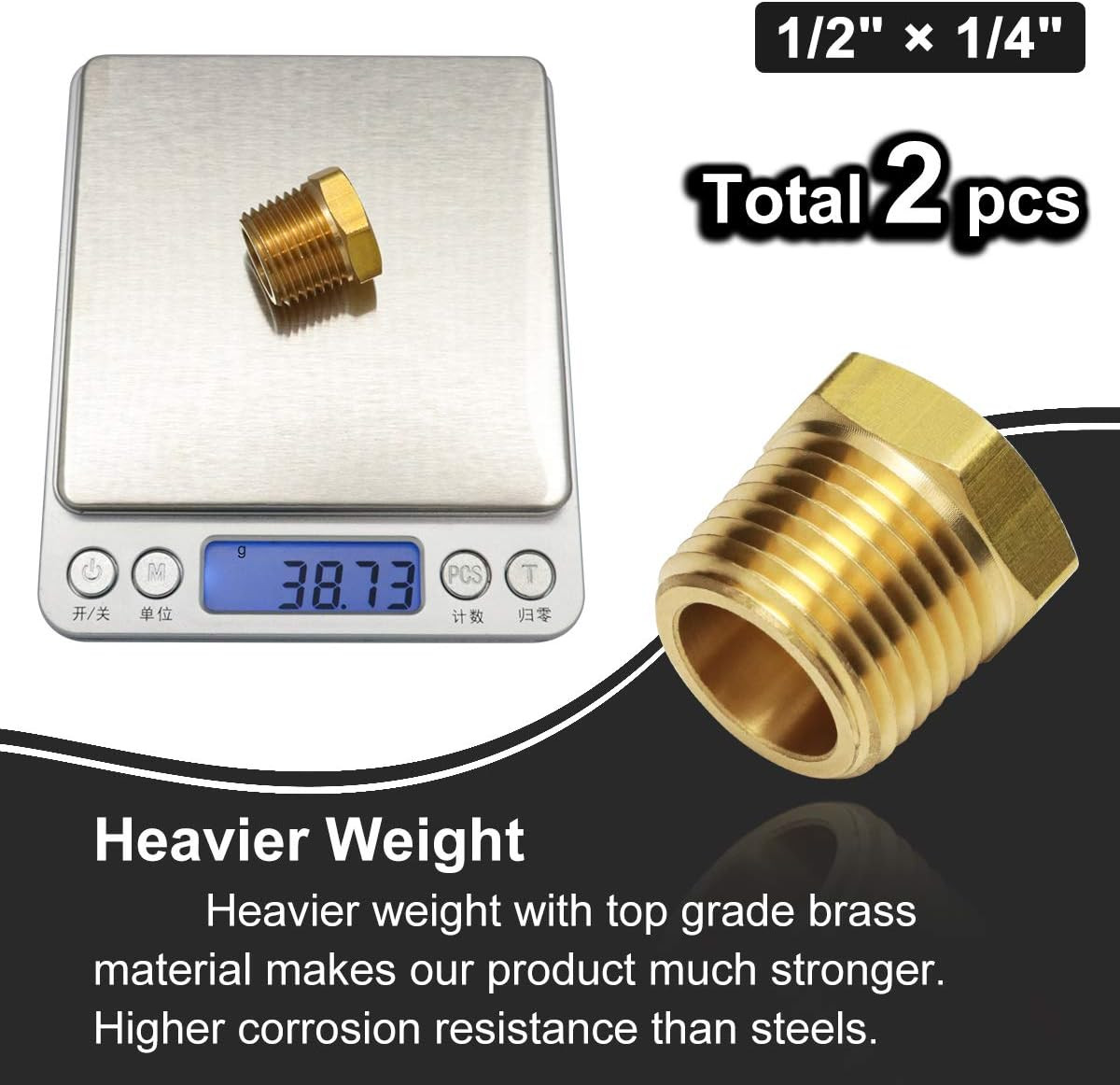 2Pcs 1/2 Inch NPT Male to 1/4 Inch NPT Female Reducer Brass Pipe Hose Tube Fitti