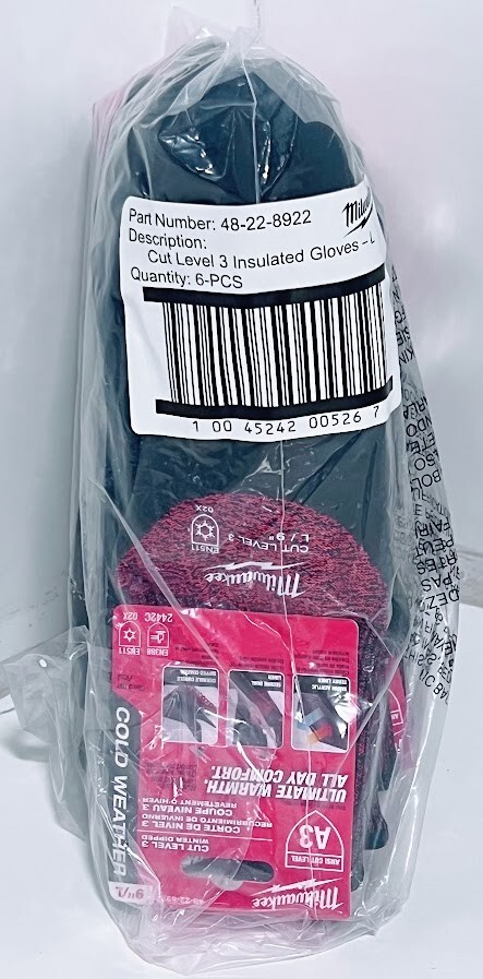 (6-Pairs) Milwaukee 48-22-8922 Cut Level 3 Insulated Gloves-Sizes Large-
