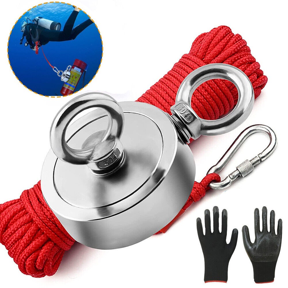 2000 LBS Strong Fishing Magnet Kit Double-Sided Pull Force and Rope Carabiner