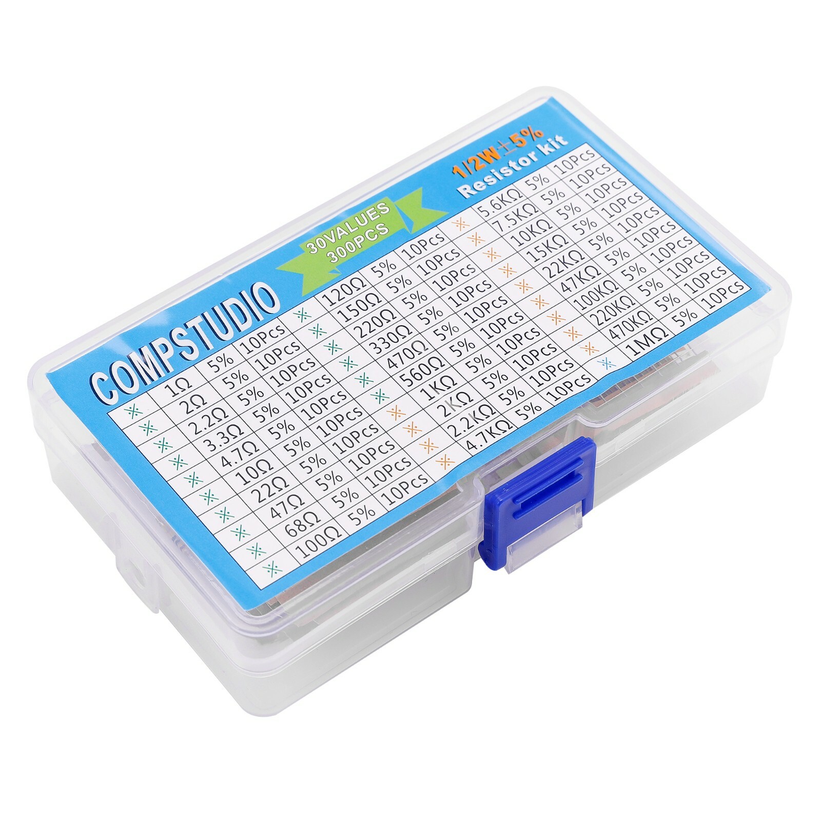 300Pcs 30 Values 5% 1/2W Resistor Kit 1 Ohm-1M Ohm Carbon Film Resistors Kit