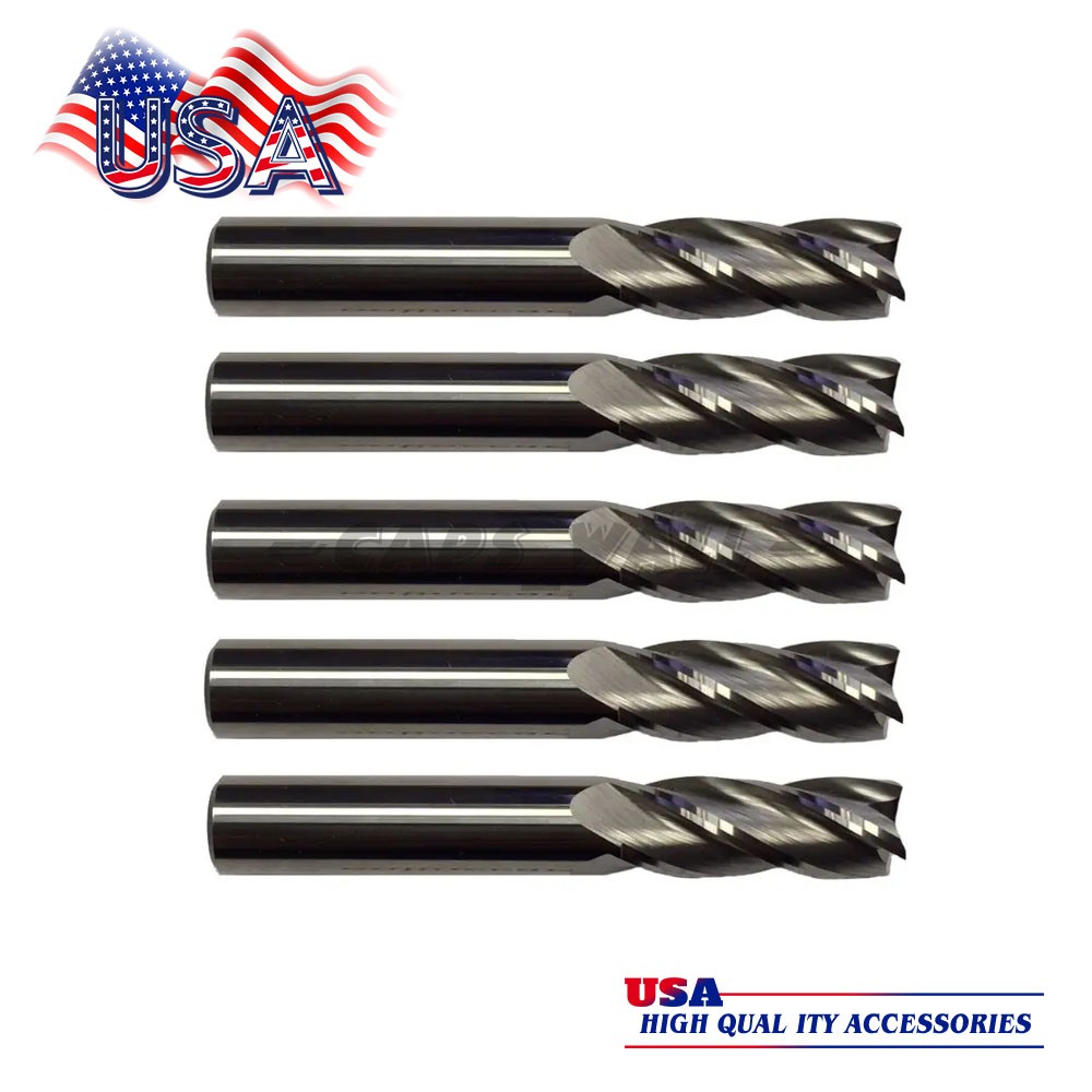 5 Pack 1/4″ Solid Carbide End Mills – 4 Flute Center Cutting CNC USA Made