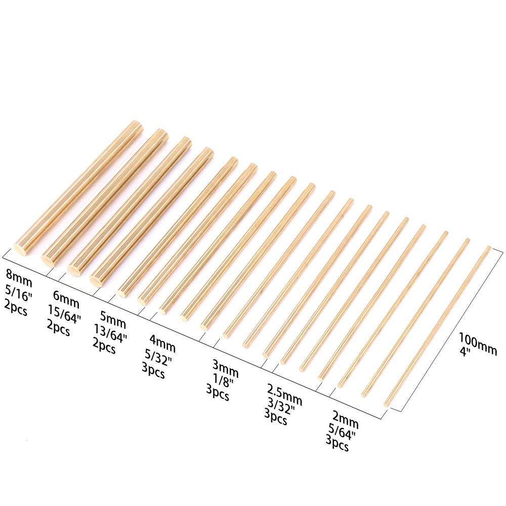Swpeet 18Pcs Assorted Brass Solid round Rod Lathe Bar Stock Kit, Diameter 2Mm-8M
