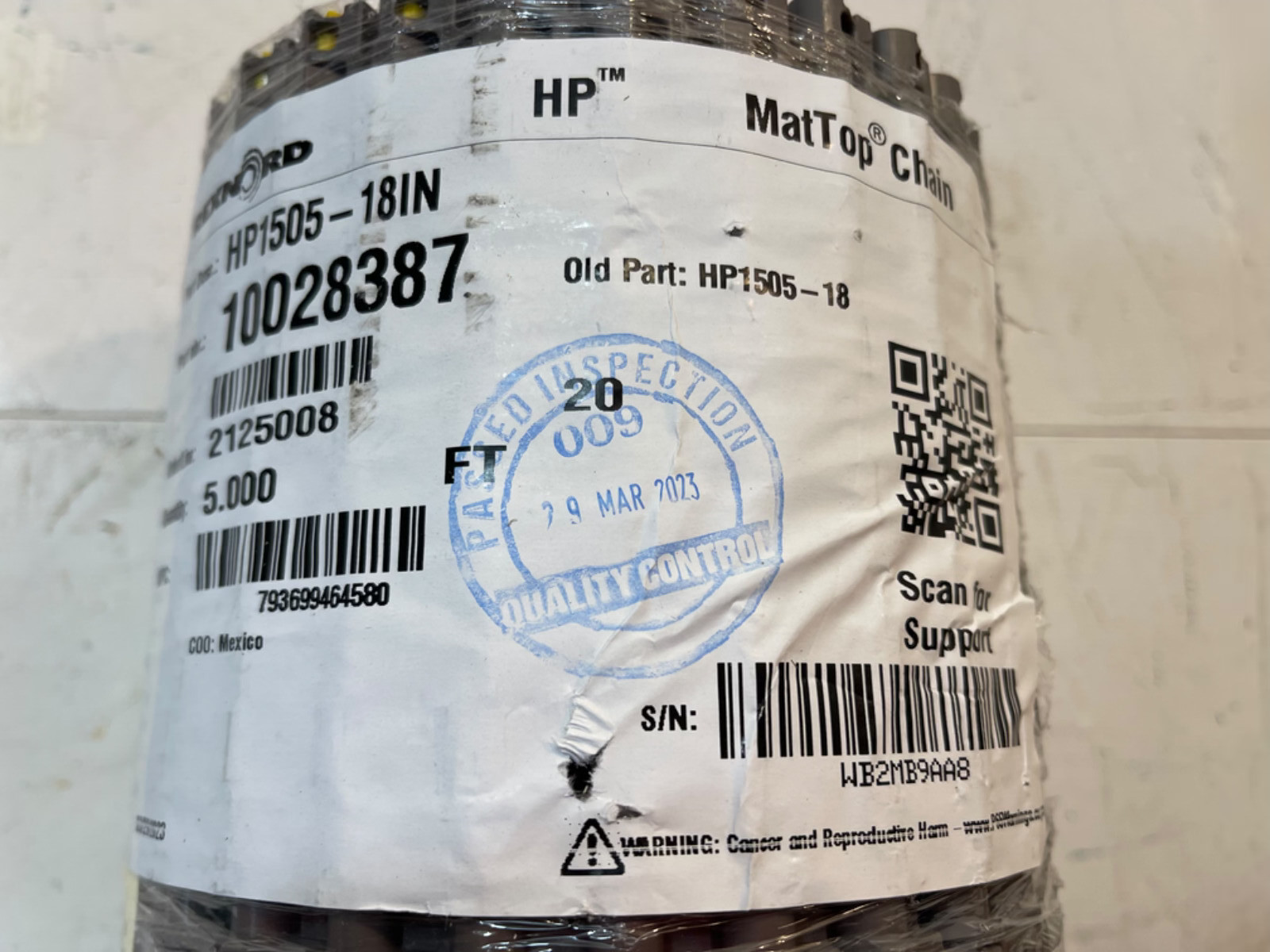 REXNORD HP1505-18in MatTop Chain 5 ft. Roll (S2)