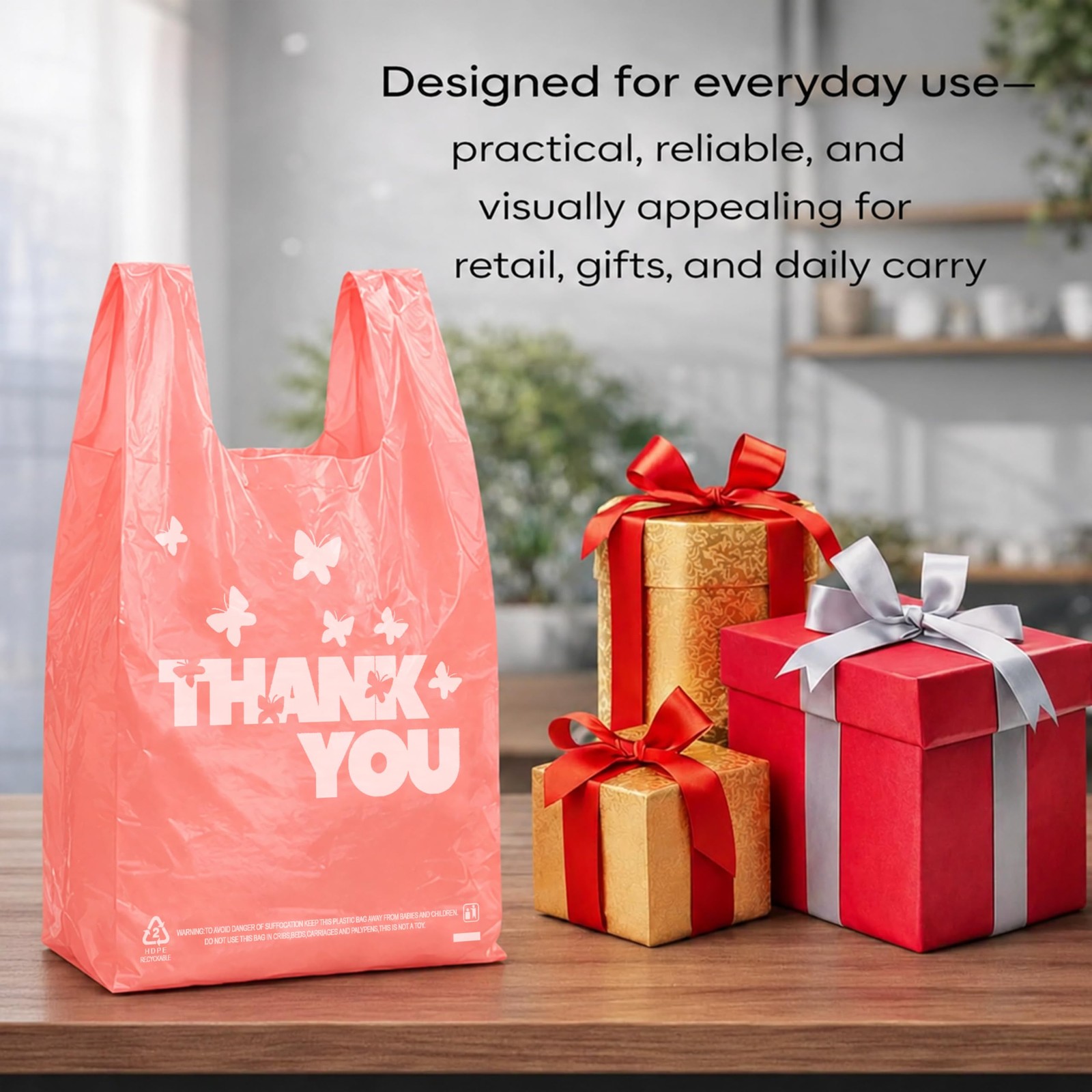 PINK Thank you bags, 100PCS T shirt bags, To Go Bags,Grocery bags, Reusable a…