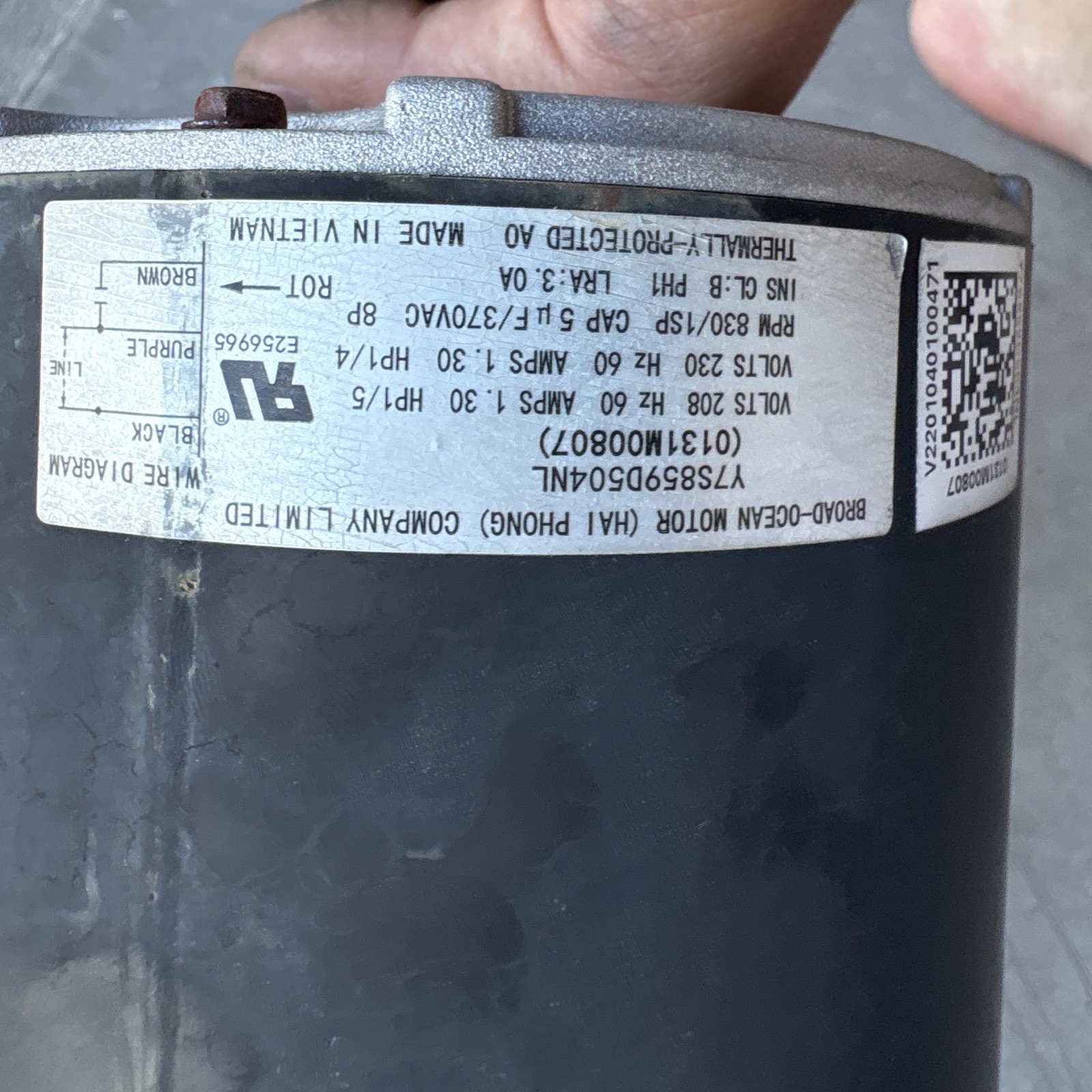 Broad Ocean Motor HVAC Fan Motor 208-230V 1.30A Y7S859D50A4NL