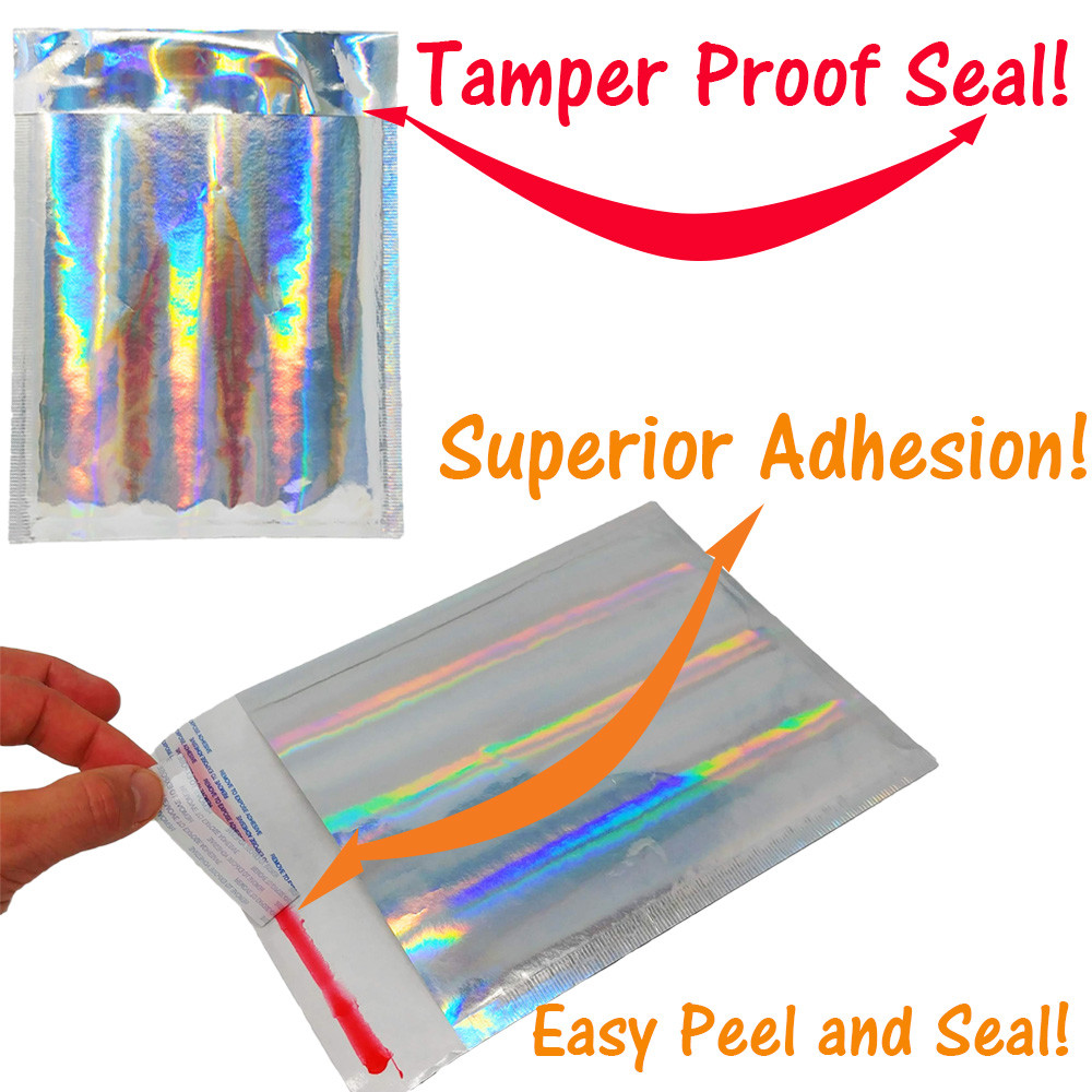 6×10 Pink & Hologram Metallic Bubble Mailers Holographic Air Shipping Envelopes