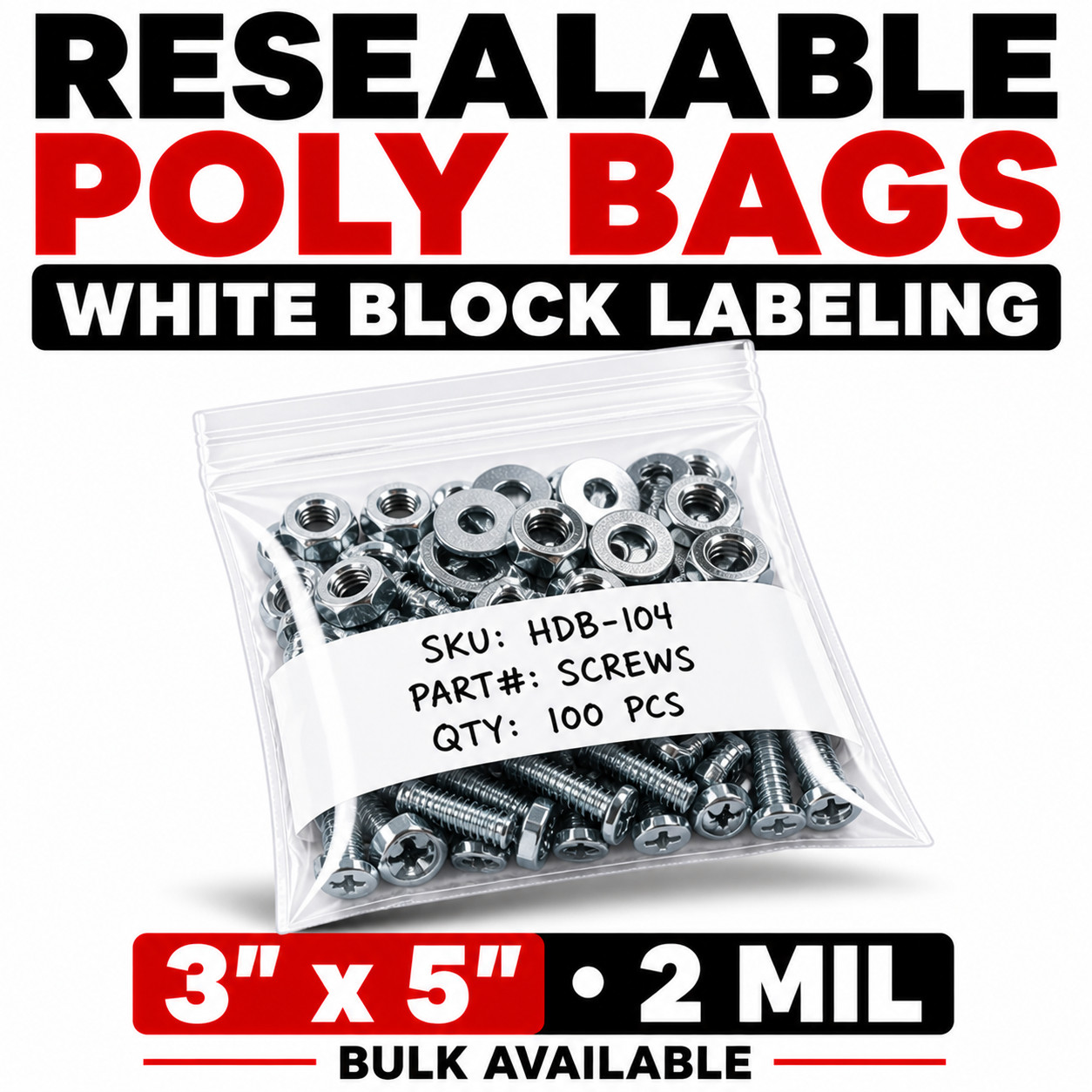 3×5 Clear Zip Poly Bags 2 Mil Reclosable White Block Bulk 1000 2000 3000 5000