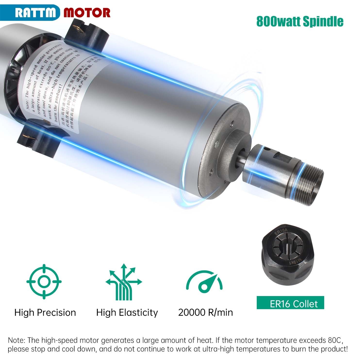 US SHIP】800W 110VDC Air Cooled Spindle Motor ER16 20000RPM 0.79NM+52mm Clamp