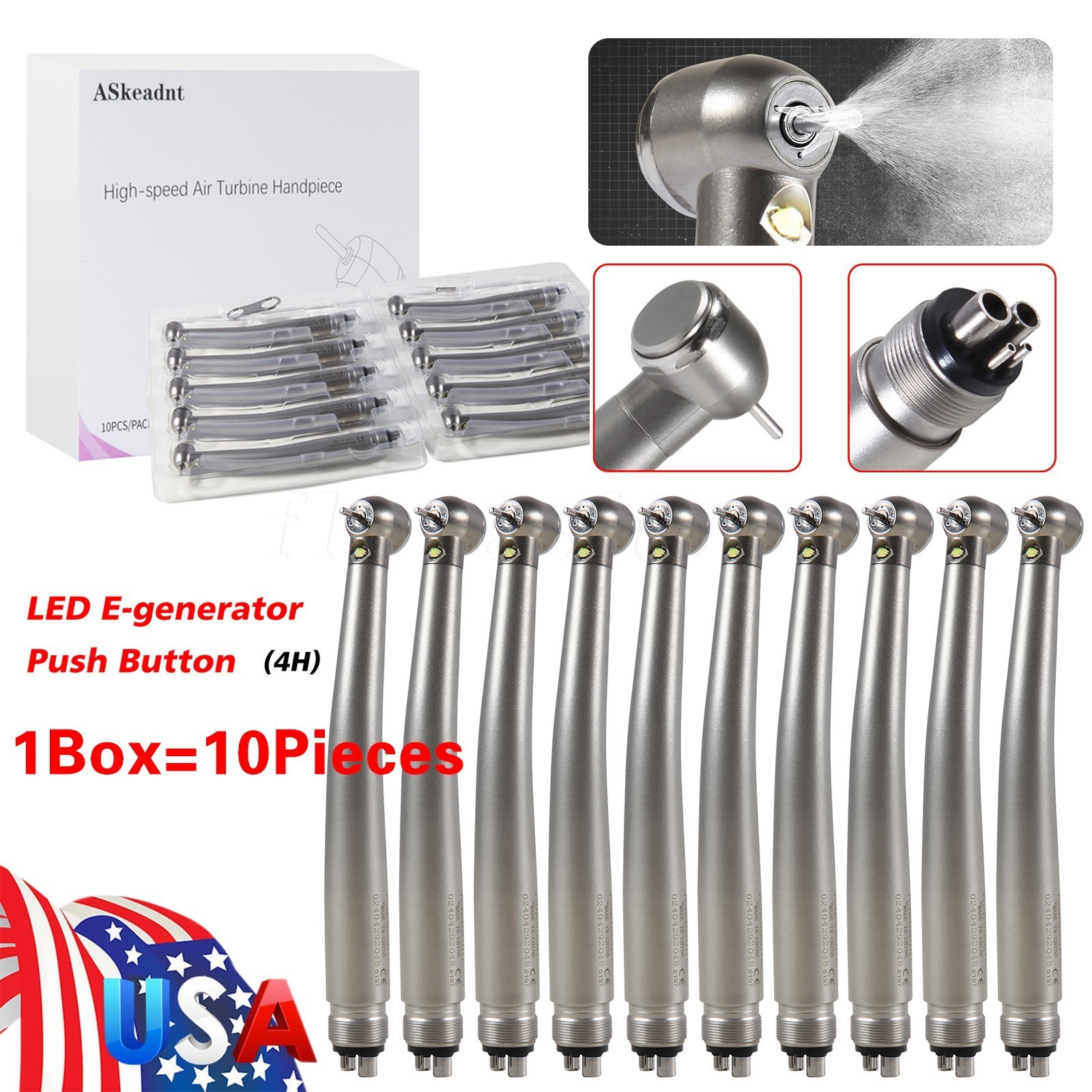 10 PCS Dental LED E-Generator Fiber Optic High Speed Handpiece 4 Hole NSK Style