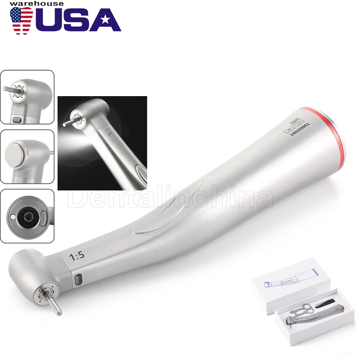 Dental 1:5 Fiber Optic LED Contra Angle Increasing Handpiece Four Way Spray US