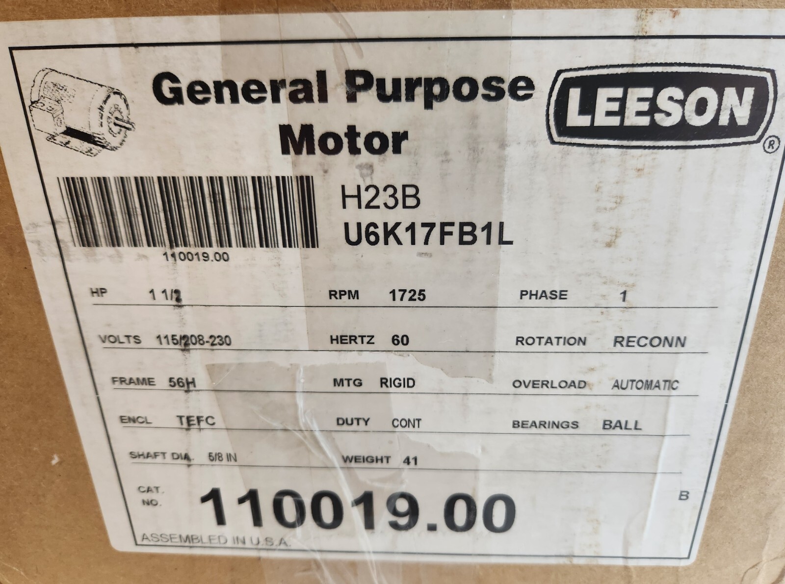 Leeson 110019.00 1.5HP 1725RPM 115/208-230V 1PH General Purpose Motor U6K17FB1L