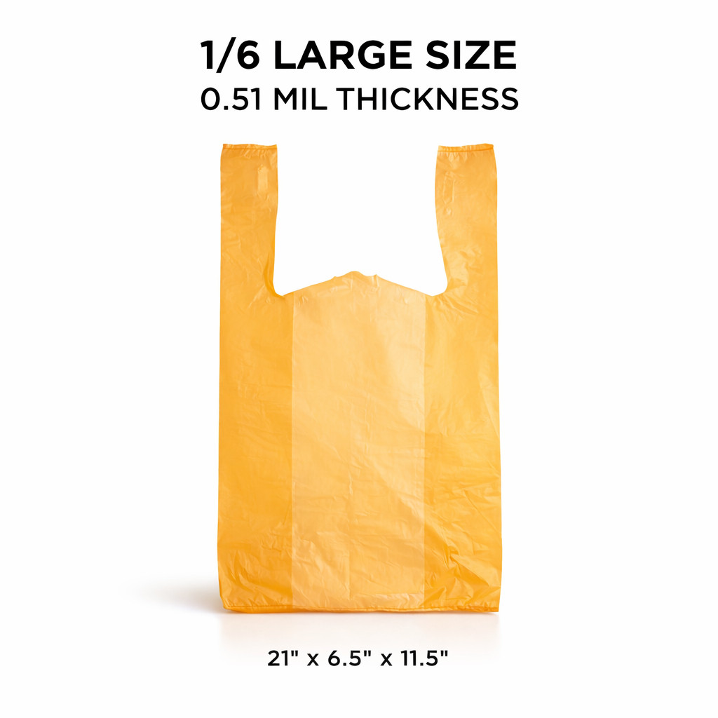 1/6 Large Orange T-Shirt GRocery Shopping Carryout Bags 21×6.5×11.5 0.51 Mil