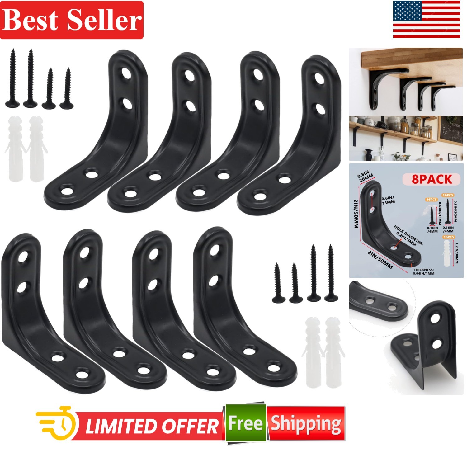Heavy Duty L Brackets 2 Inch Wall Mount for Wood Shelves Cabinets 8 pcs