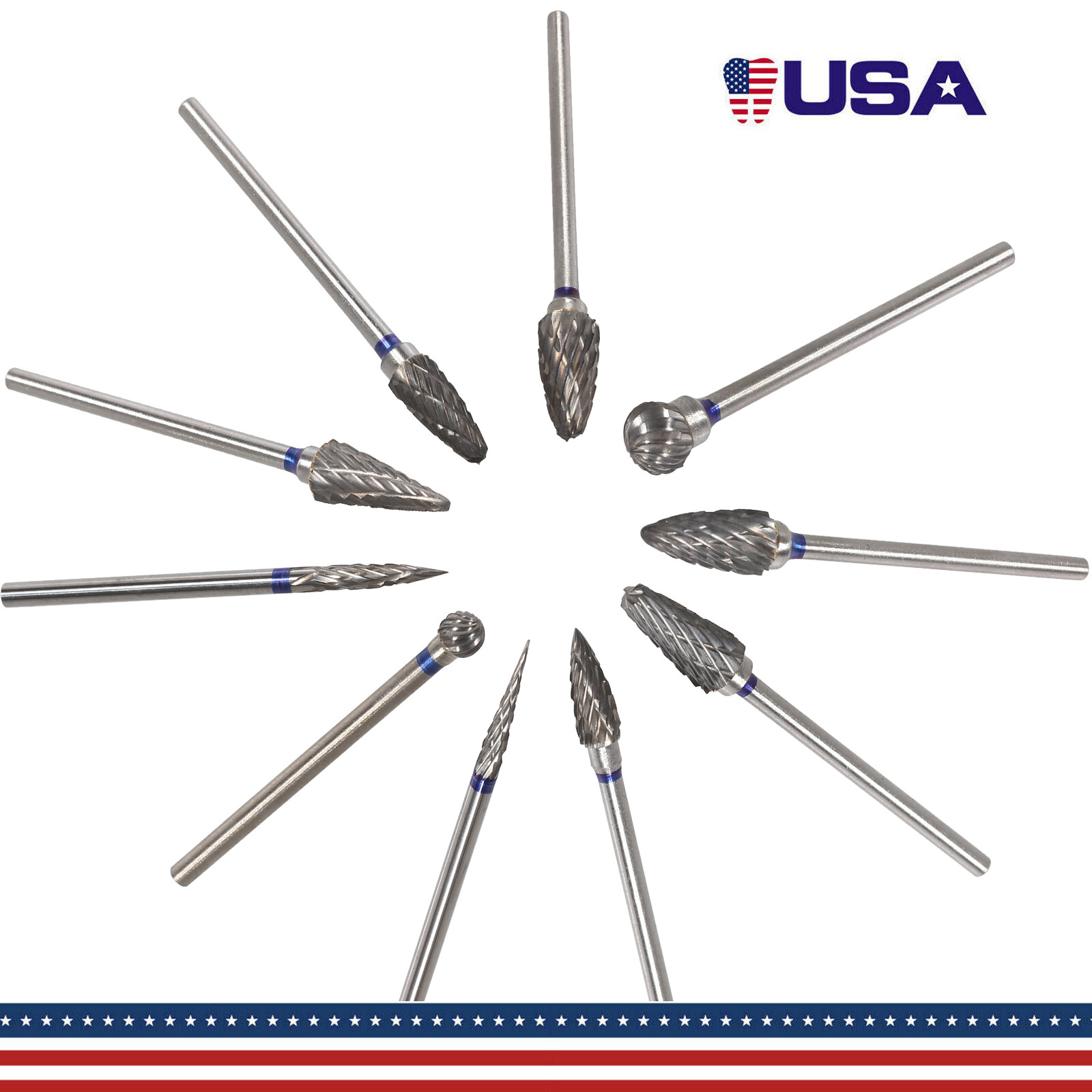Dental 10 Types Tungsten Carbide Burs Polisher Drill Coarse Cutter 2.35mm 10 Pcs