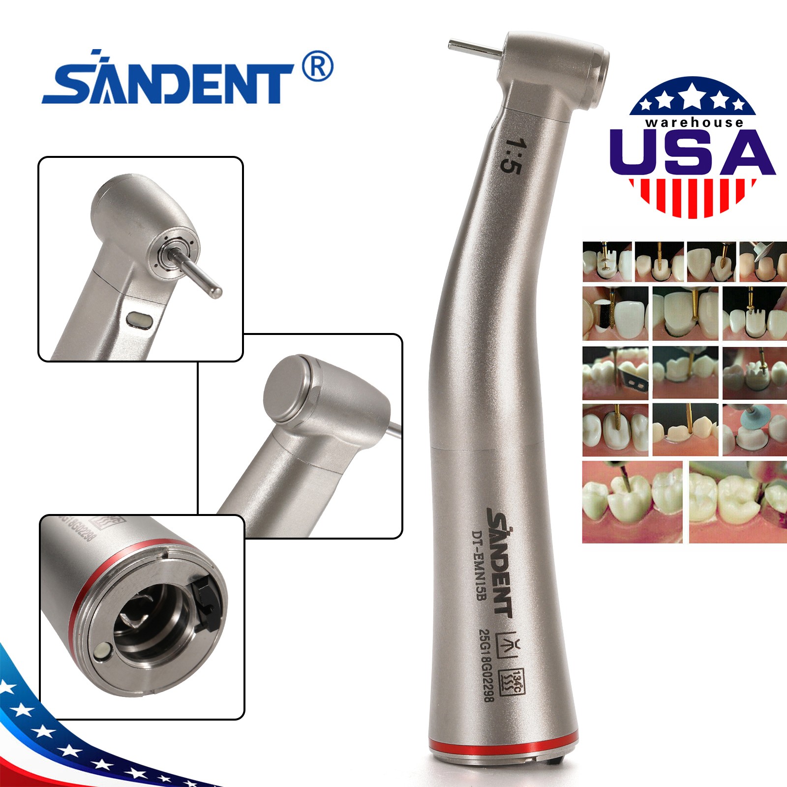1-10*SANDENT Dental 1:5 Fiber Optic Contra Angle Increasing Handpiece DT-EMN15B