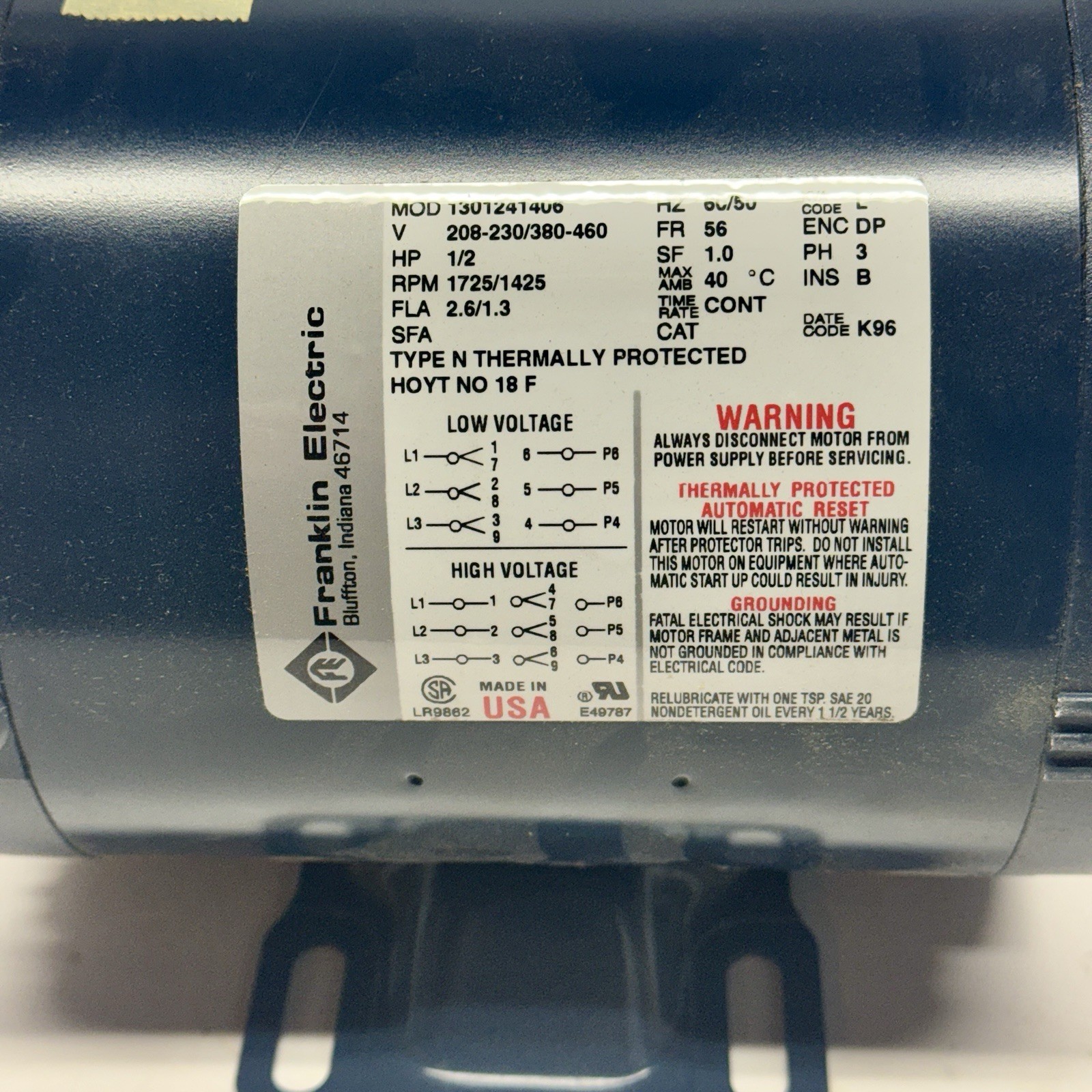 Bluffton Motor Works Franklin Electric Motor 1301241406 208-230v 308-460v 1/2 HP