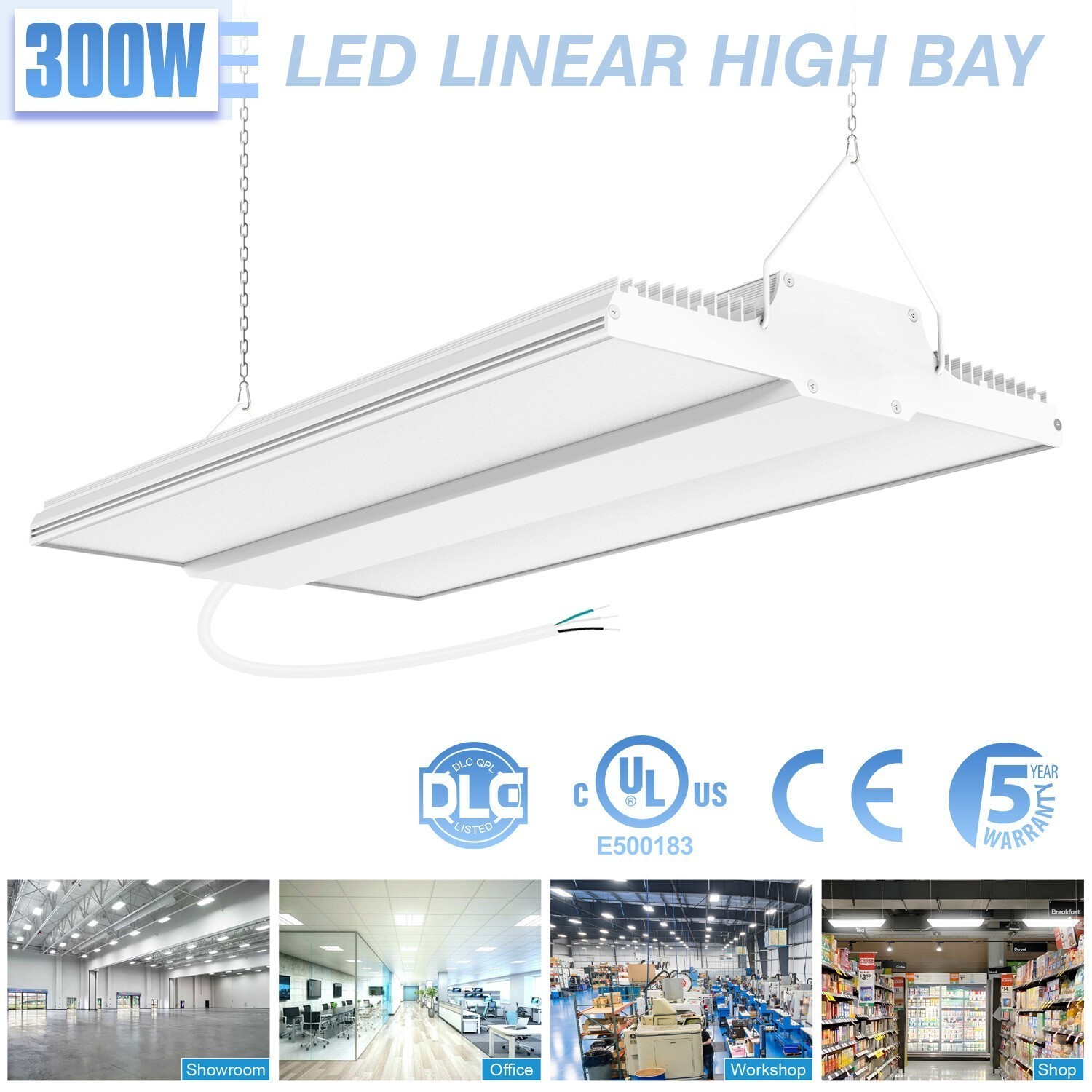 300W LED Linear High Bay Light Warehouse Factory Ceiling Fixtures Dimmable 5000K