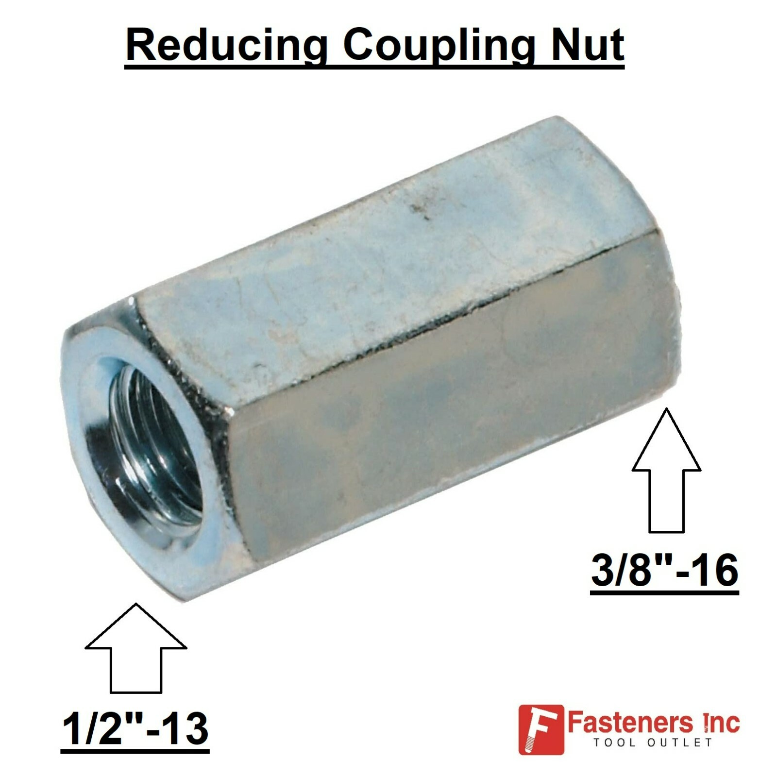 1/2″-13 x 3/8″-16 Hex Threaded Rod REDUCING Coupling Nut Female Zinc 5/8W 1.25L