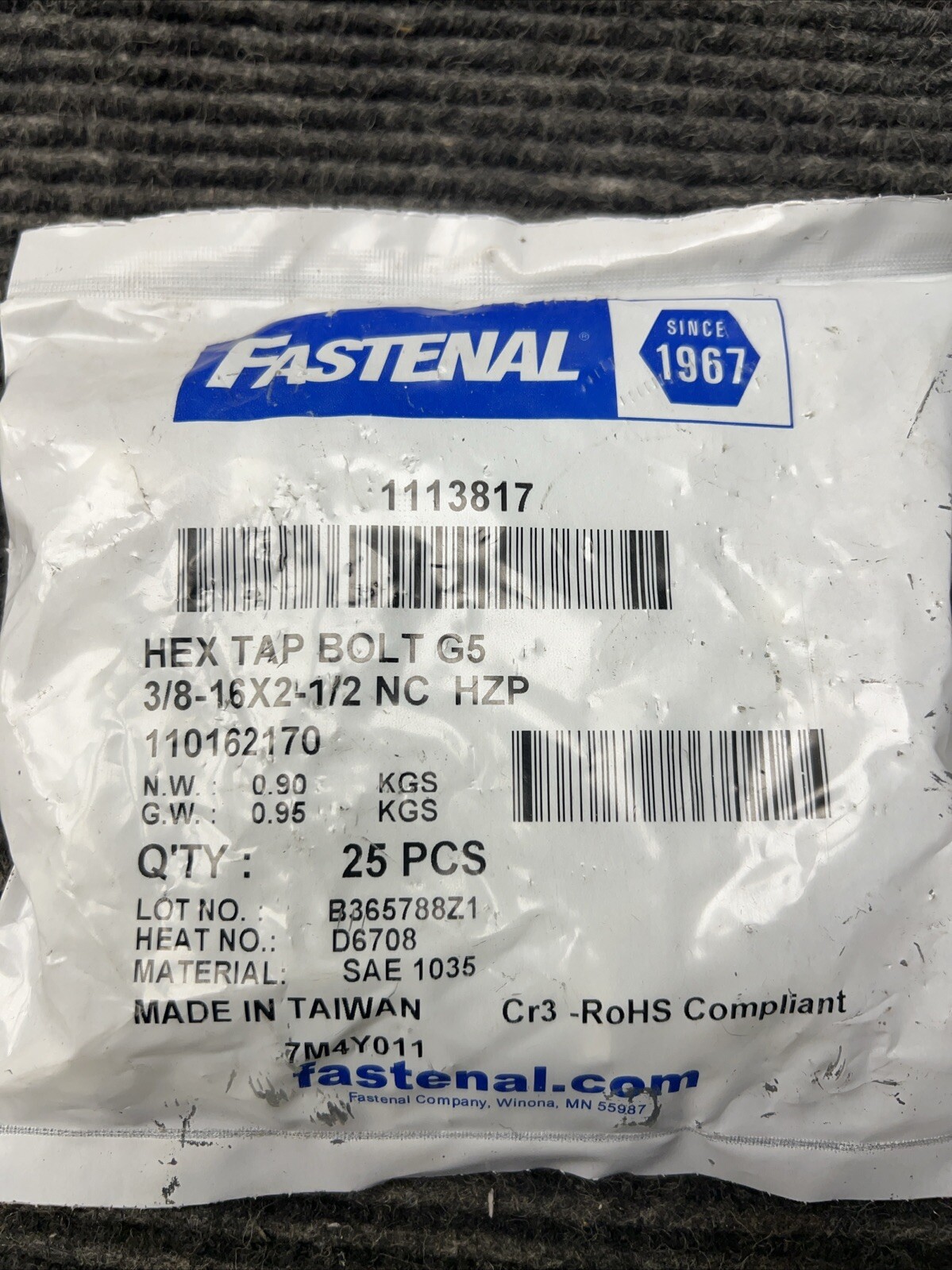 25x FASTENAL 3/8″-16 x 2-1/2″ Zinc Plated Steel Full Thread Hex Head Tap Bolts