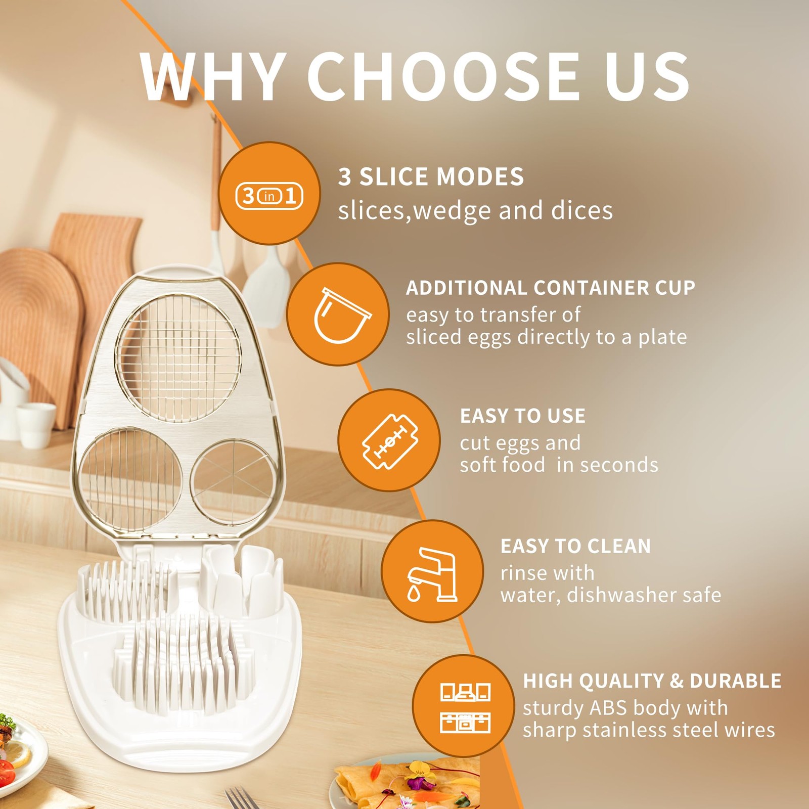 3-in-1 Egg Slicer for Hard Boiled Eggs, Multiple Slice 7.9×5.7×1.57in, White