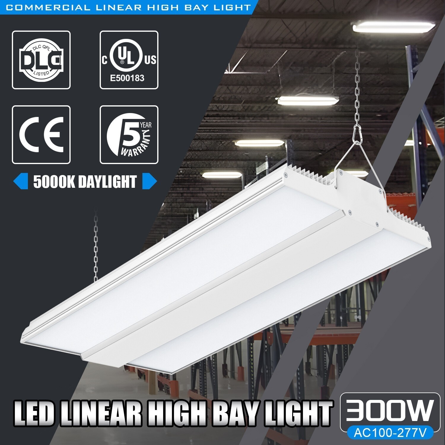 300W LED Linear High Bay Light Warehouse Factory Ceiling Fixtures Dimmable 5000K