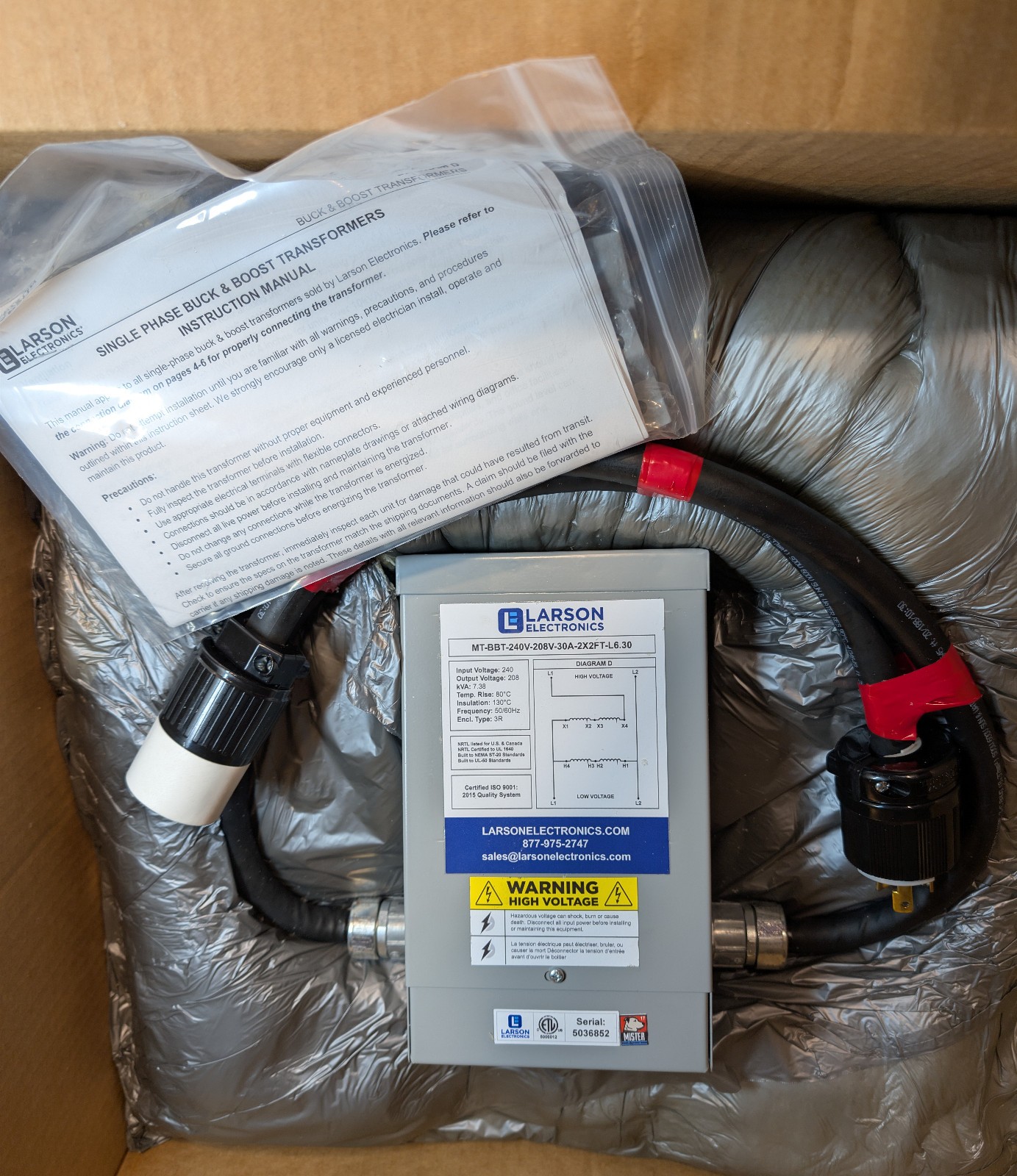 Larson MT-BBT-240V-208V-30A-2X2FT-L6.30 ~ 1 Phase Buck/Boost Step-Up Transformer