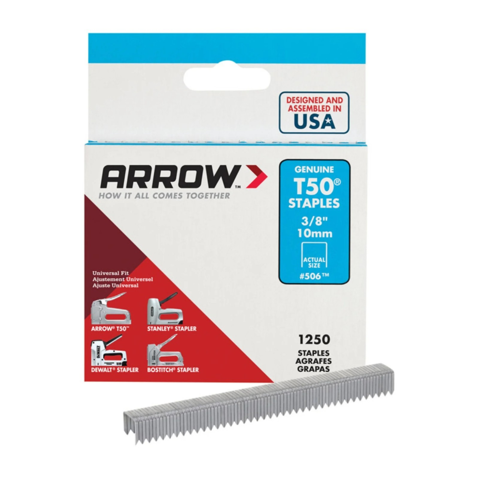 Arrow 3/8-inch Galvanized Steel T50 Staples, Divergent Point, 1,250-Count