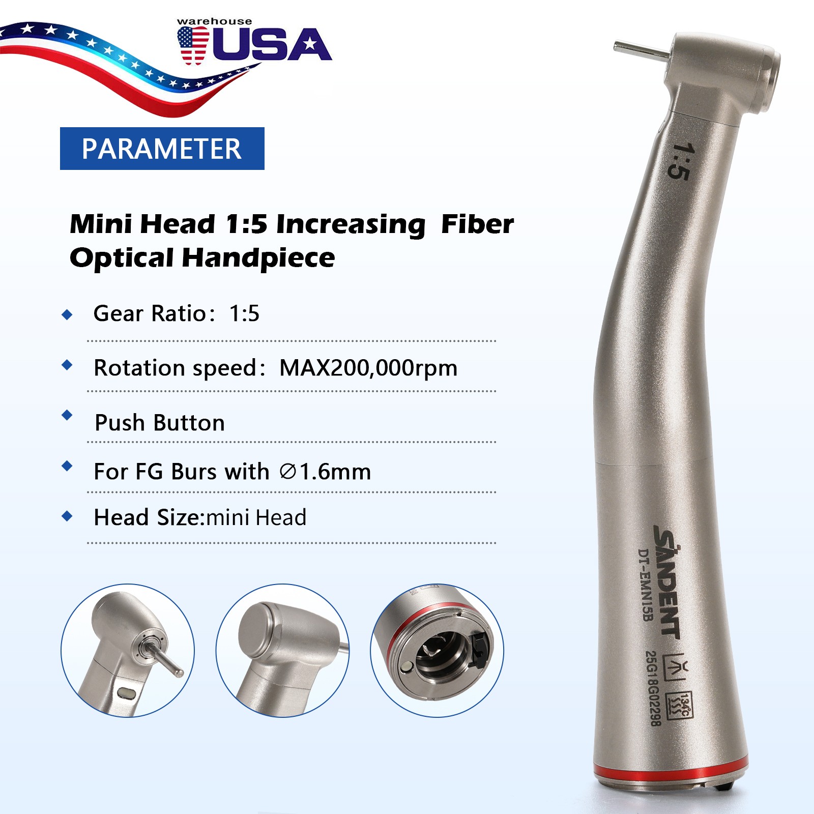 1-10*SANDENT Dental 1:5 Fiber Optic Contra Angle Increasing Handpiece DT-EMN15B