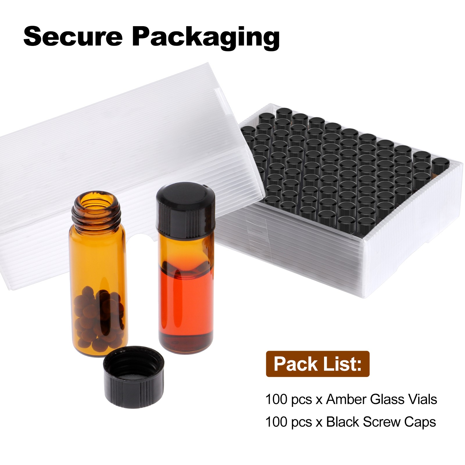 100 Pack 4ml Sample Vials 1 Dram Amber Glass Vials with Black PP Screw Caps US