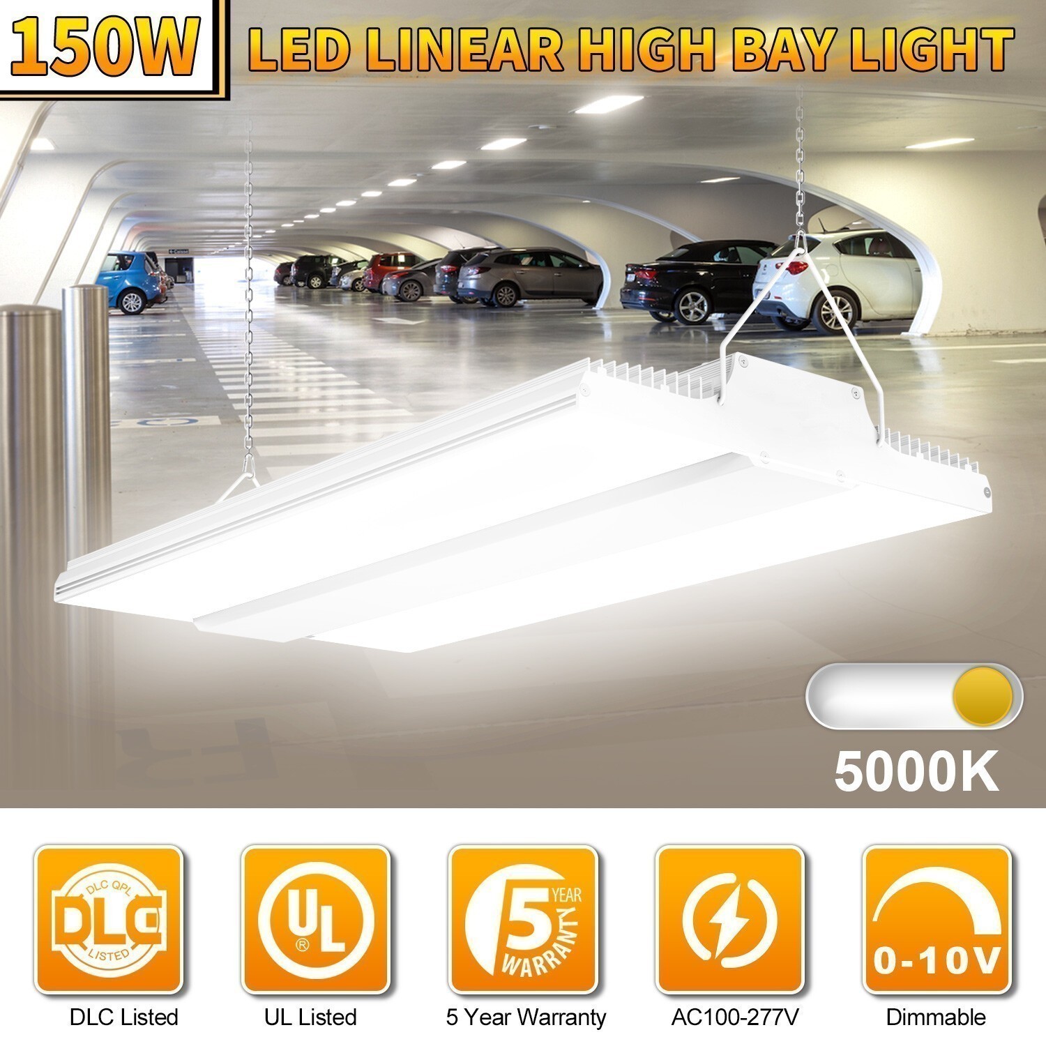 LED Linear High Bay Shop Light Dimmable 150W 22500LM Commercial Warehouse Lamp