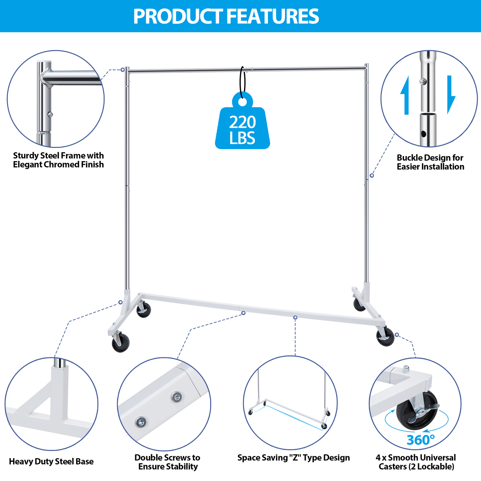 Metal Rolling Clothes Garment Rack Collapsible Clothing Stand Wheels Heavy Duty