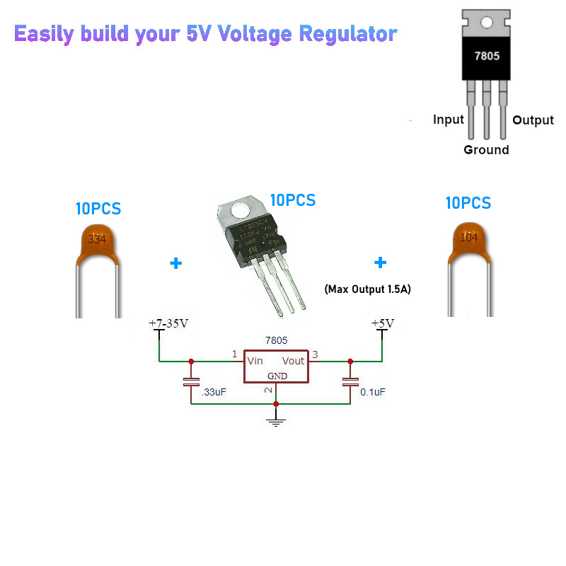 10 Piece L7805CV L7805 7805 Positive Voltage Regulator 5V 1.5A TO-220 IC (KIT)