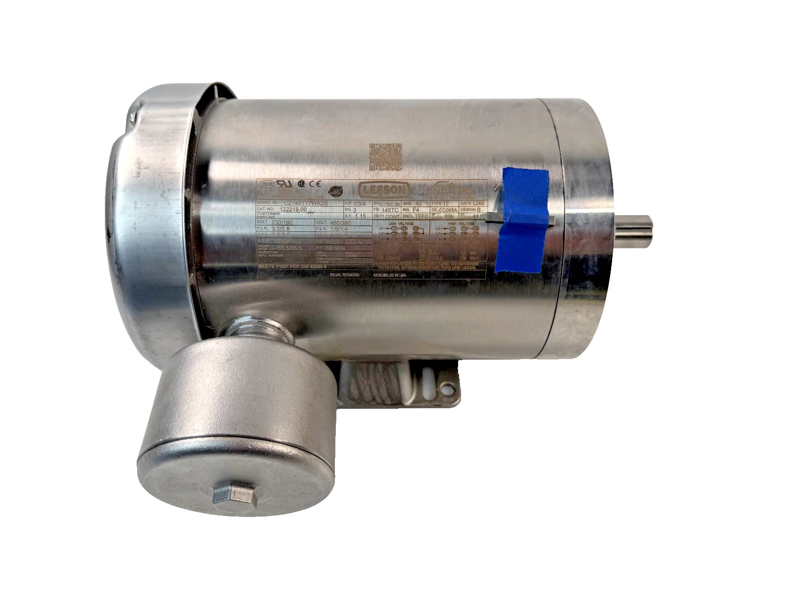 Leeson CZ145T17WK2B 122219.00 1 & 0.75 HP, 3 Ph, 60 & 50 Hz Ultra Washdown Motor