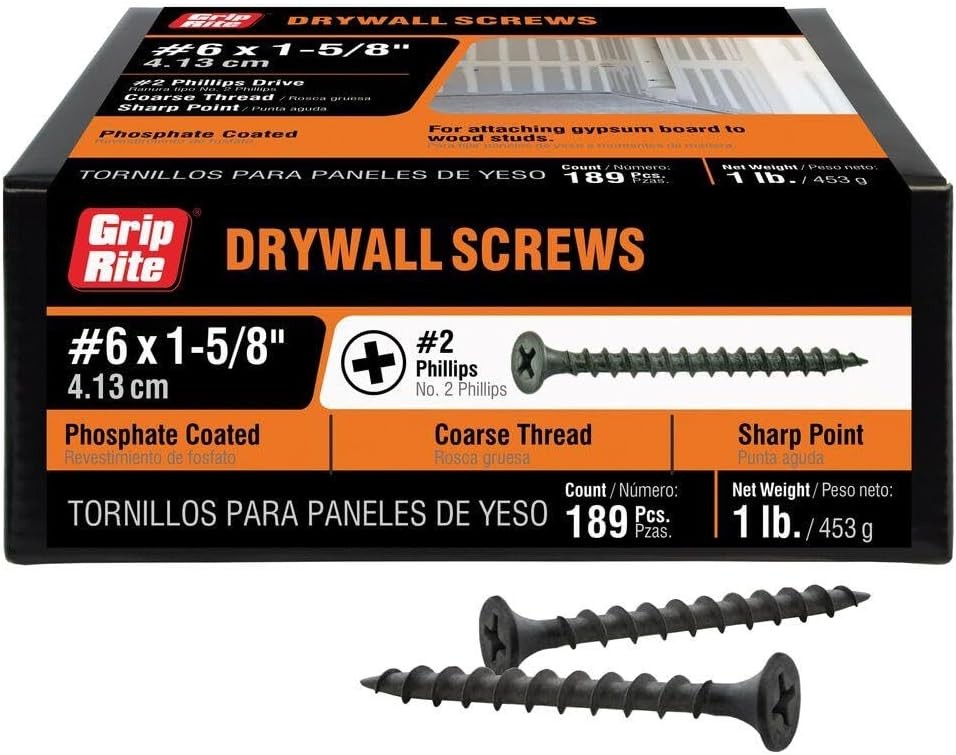 Grip Rite 158CDWS1 1-5/8-Inch 6 Coarse Thread Drywall Screw with Bugle Head, 1 P