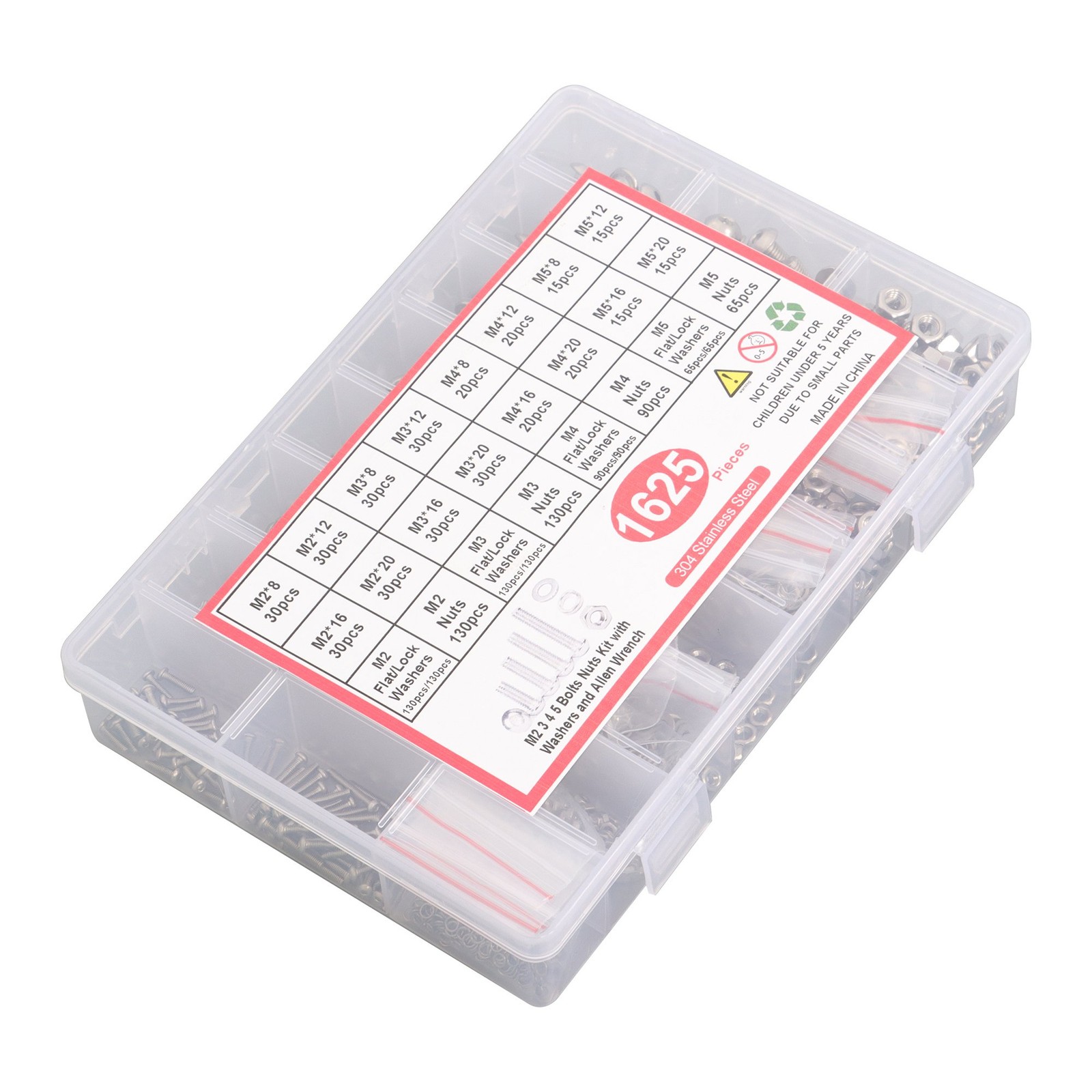 1625 pcs Metric Screw Set, M2 M3 M4 M5 304 Stainless Steel Bolts and Nuts