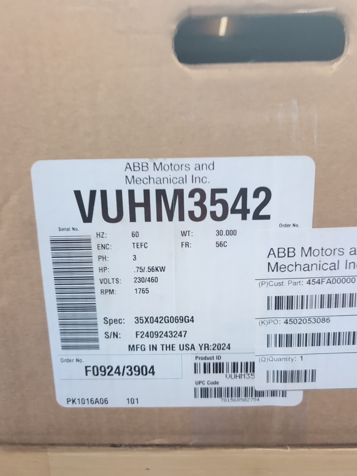 BALDOR VUHM3542, 0.75HP 1735RPM 3 PHASE 60Hz ELECTRIC MOTOR