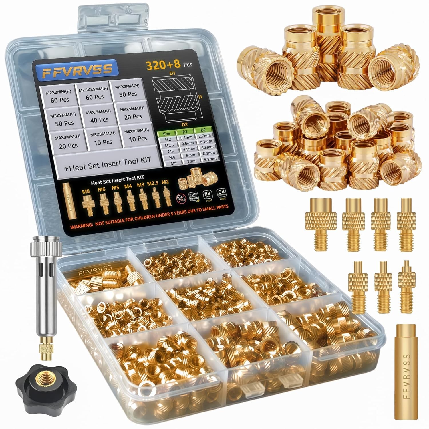 320+8Pcs M2-M5 Brass Threaded Inserts Kit, Metric Knurled Nuts with Heat Set Too