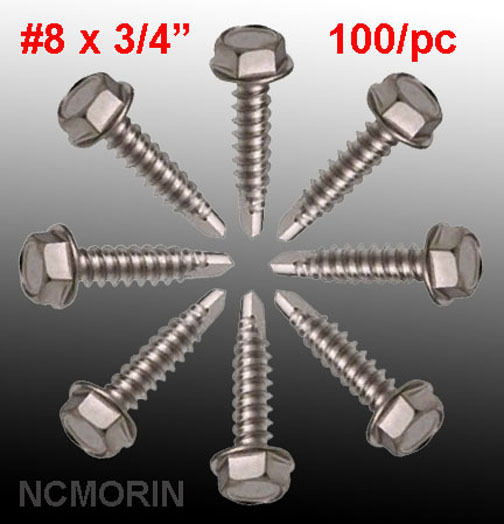 (100) #8 x 3/4 Hex Washer Head – Self Drill Drilling Screws, 1/4″ Hex Head, Zinc