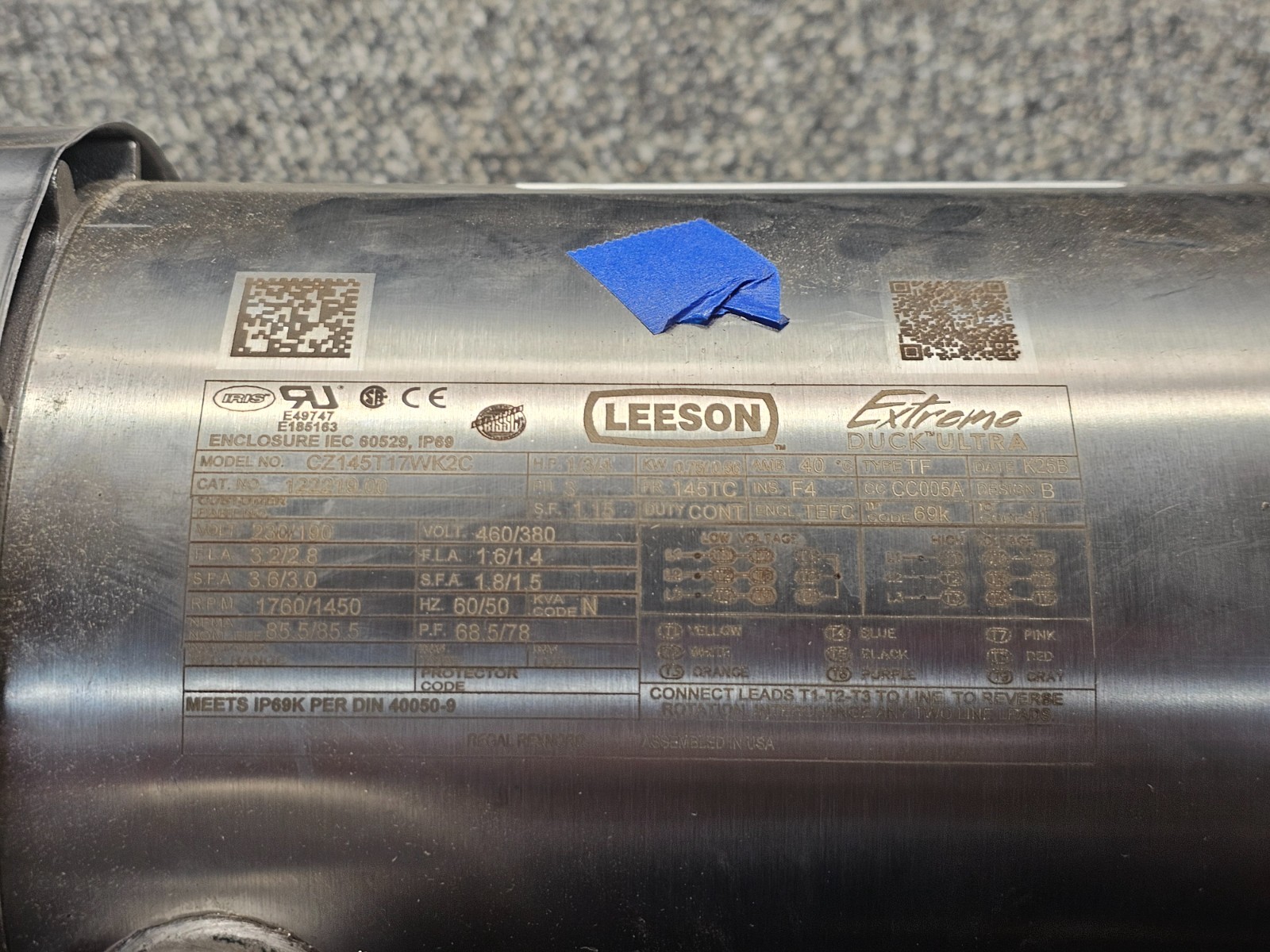 Leeson CZ145T17WK2C 122219.00 1 & 0.75 HP, 3 Ph, 60 & 50 Hz Ultra Washdown Motor
