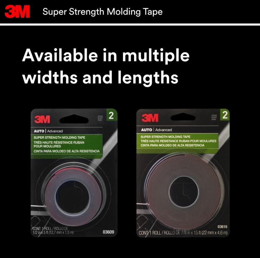 3M Automotive Super Strength Molding Tape, Double-Sided Adhesive, 1/2″ x 5 ft, 1