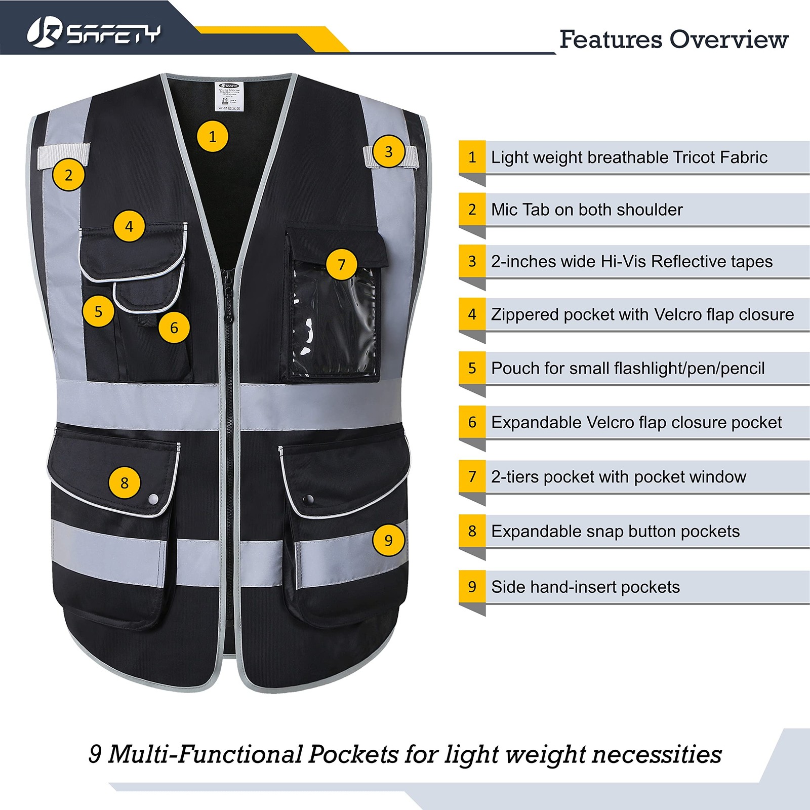 JKSafety 9 Pockets High Visibility Black Safety Vest for Men and Women, Hi-Vi…