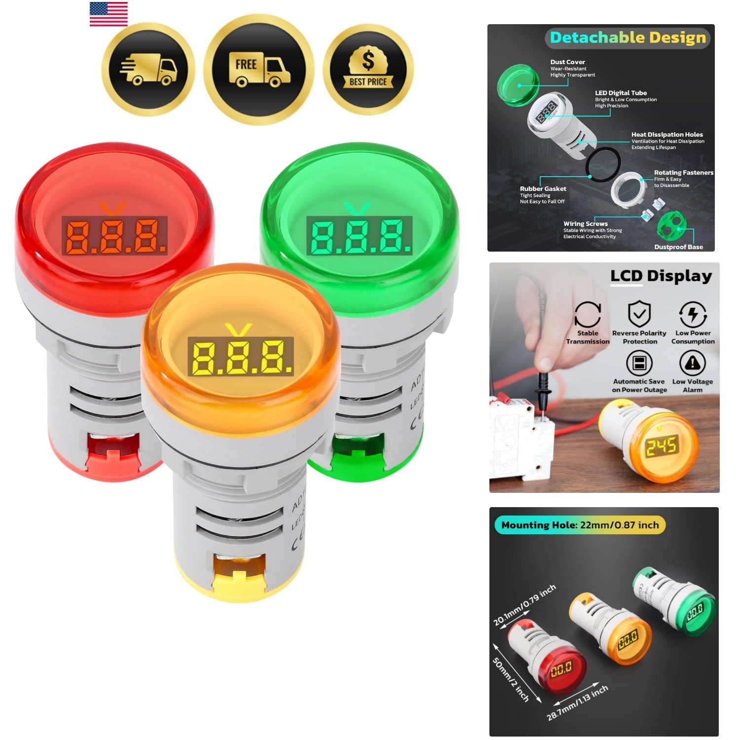 AC Voltage Display, 3pcs Digital LED Display Voltmeter AC 60-500V Voltage Met…