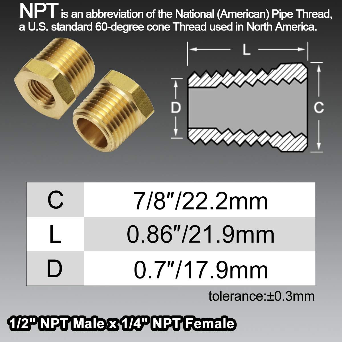 2Pcs 1/2 Inch NPT Male to 1/4 Inch NPT Female Reducer Brass Pipe Hose Tube Fitti
