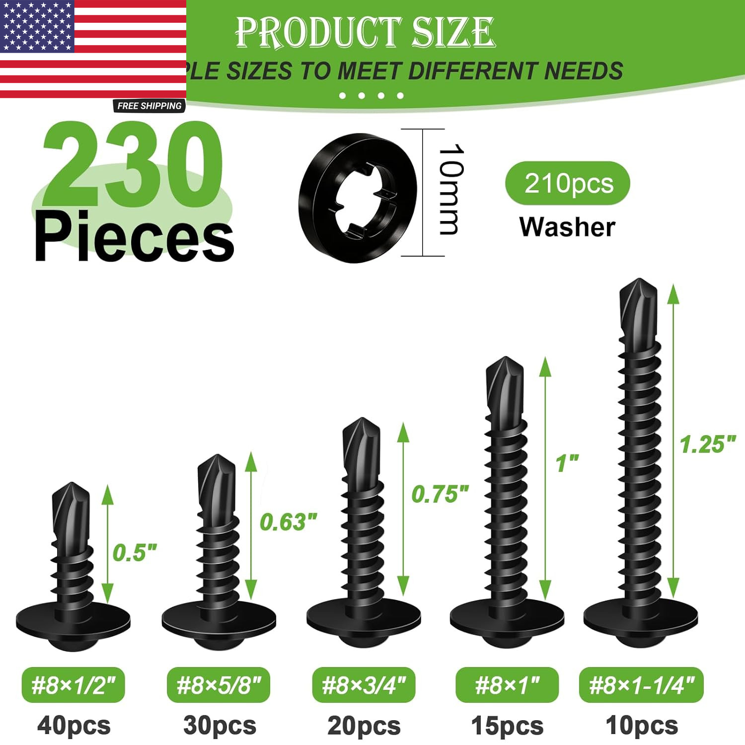 230PCS #8 Self Tapping Screws,410 Stainless Steel Self Tapping Screws for Metal,