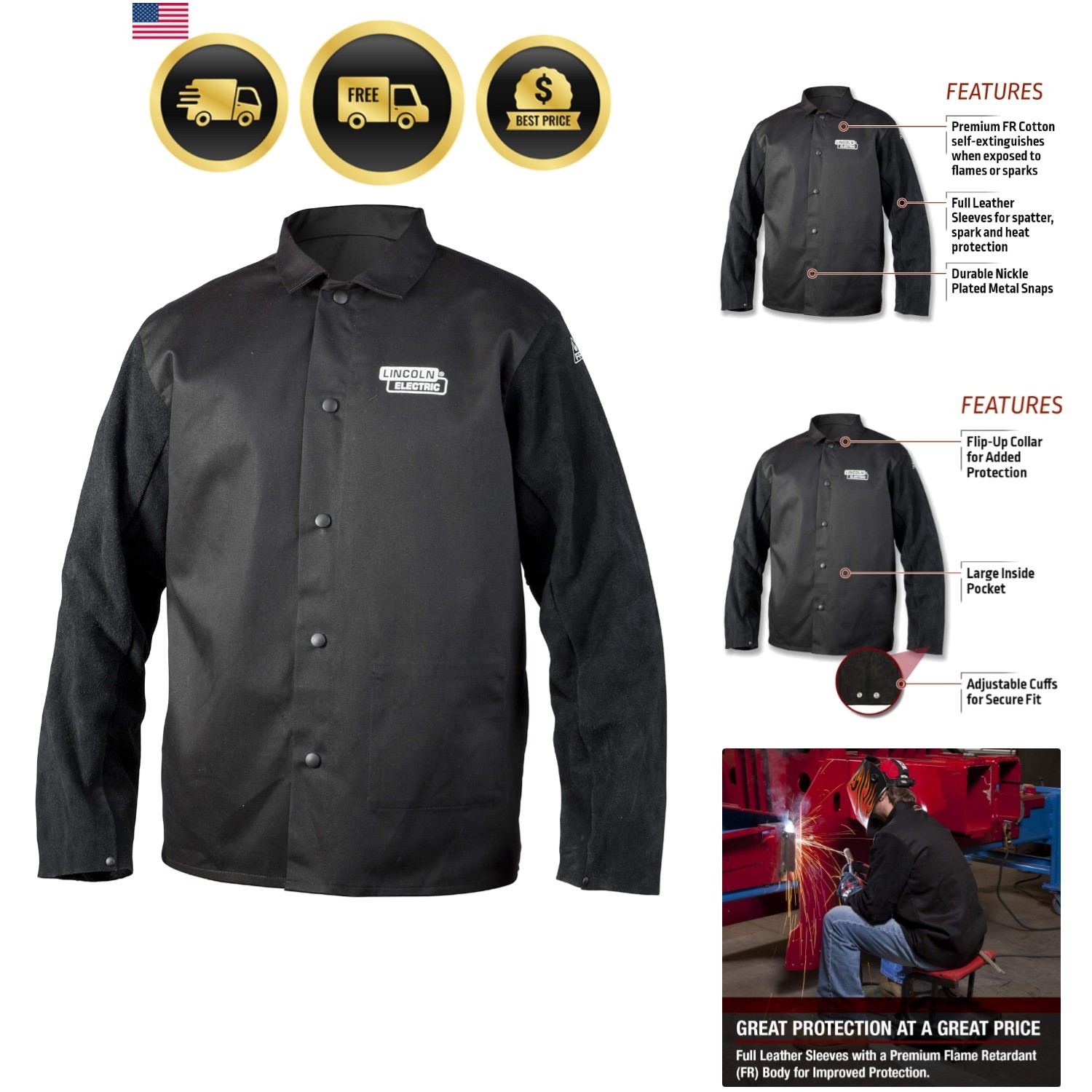 unisex adult Traditional Split Leather Sleeved Welding Jacket, Black, X-Large