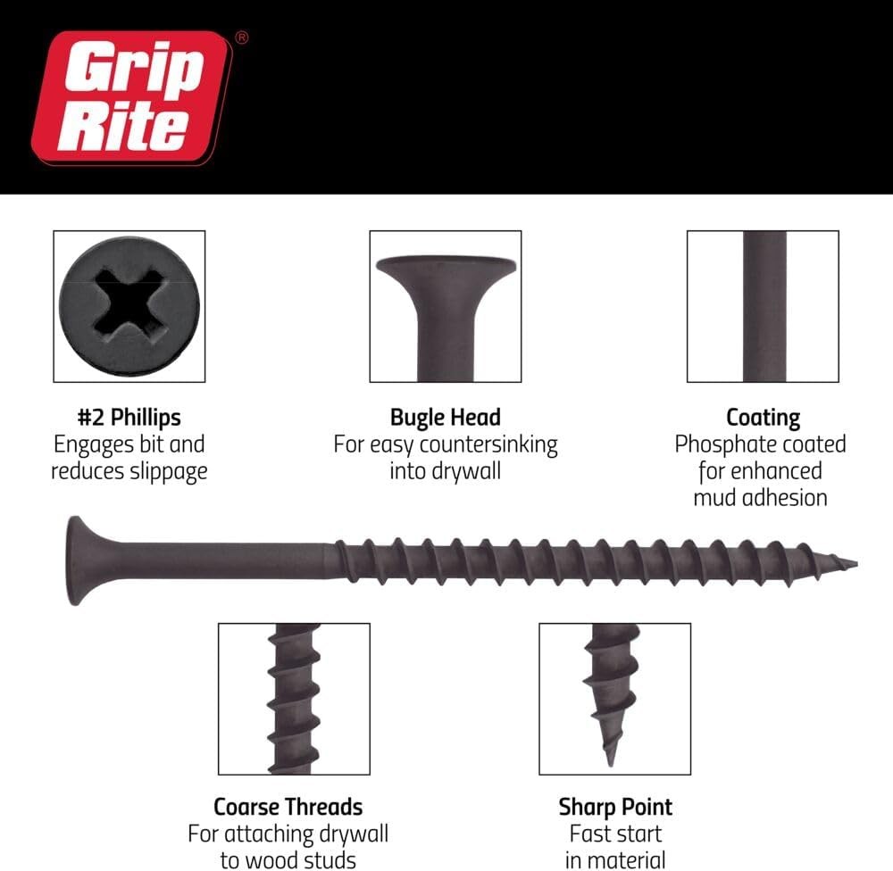Grip Rite 158CDWS1 1-5/8-Inch 6 Coarse Thread Drywall Screw with Bugle Head, 1 P