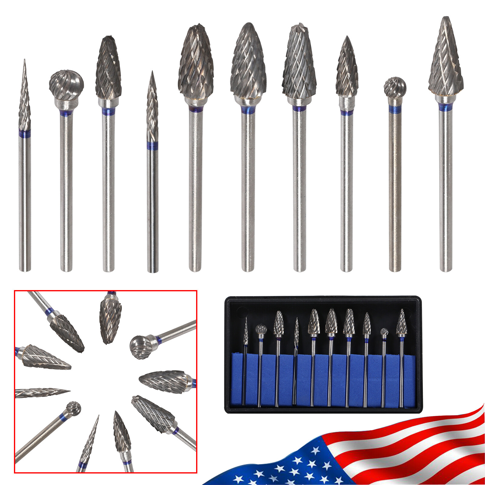 Dental 10 Types Tungsten Carbide Burs Polisher Drill Coarse Cutter 2.35mm 10 Pcs